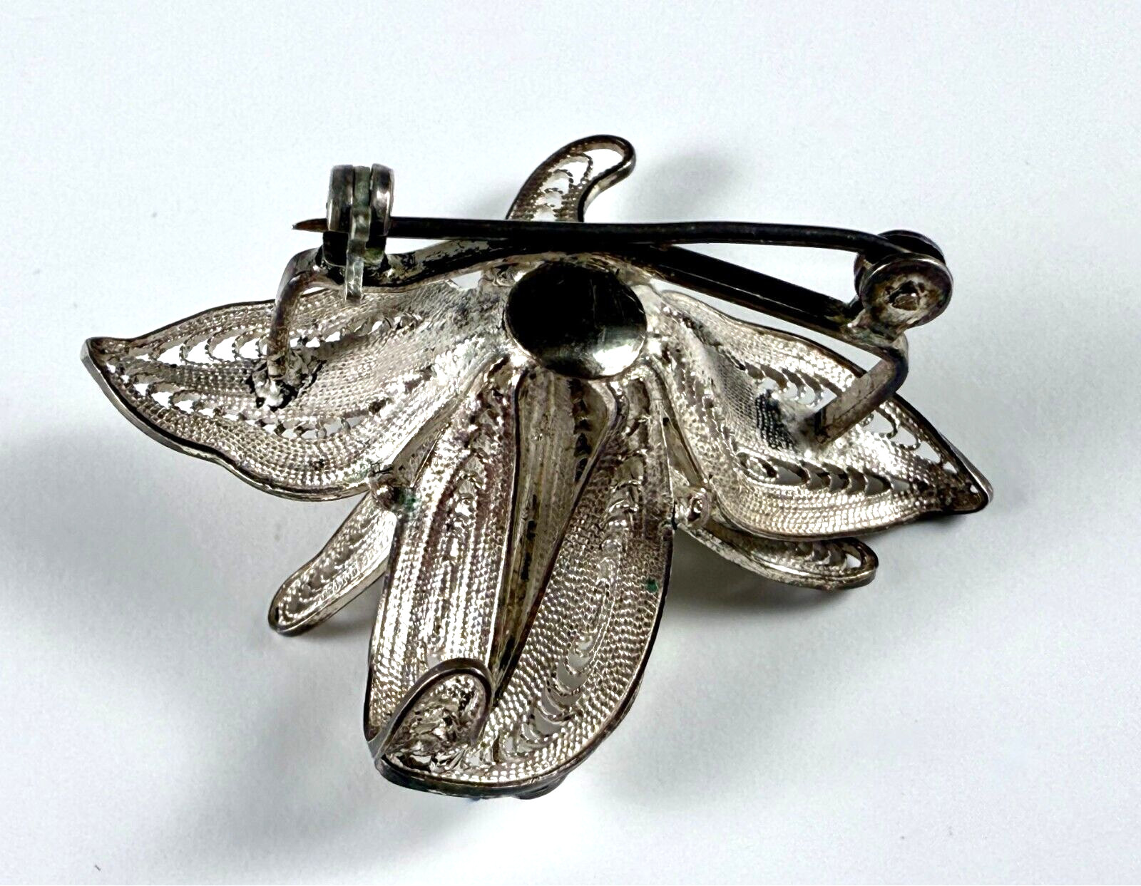 VINTAGE SILVER FILIGREE PEARL FLOWER BROOCH PIN – 1 5/8 INCHES