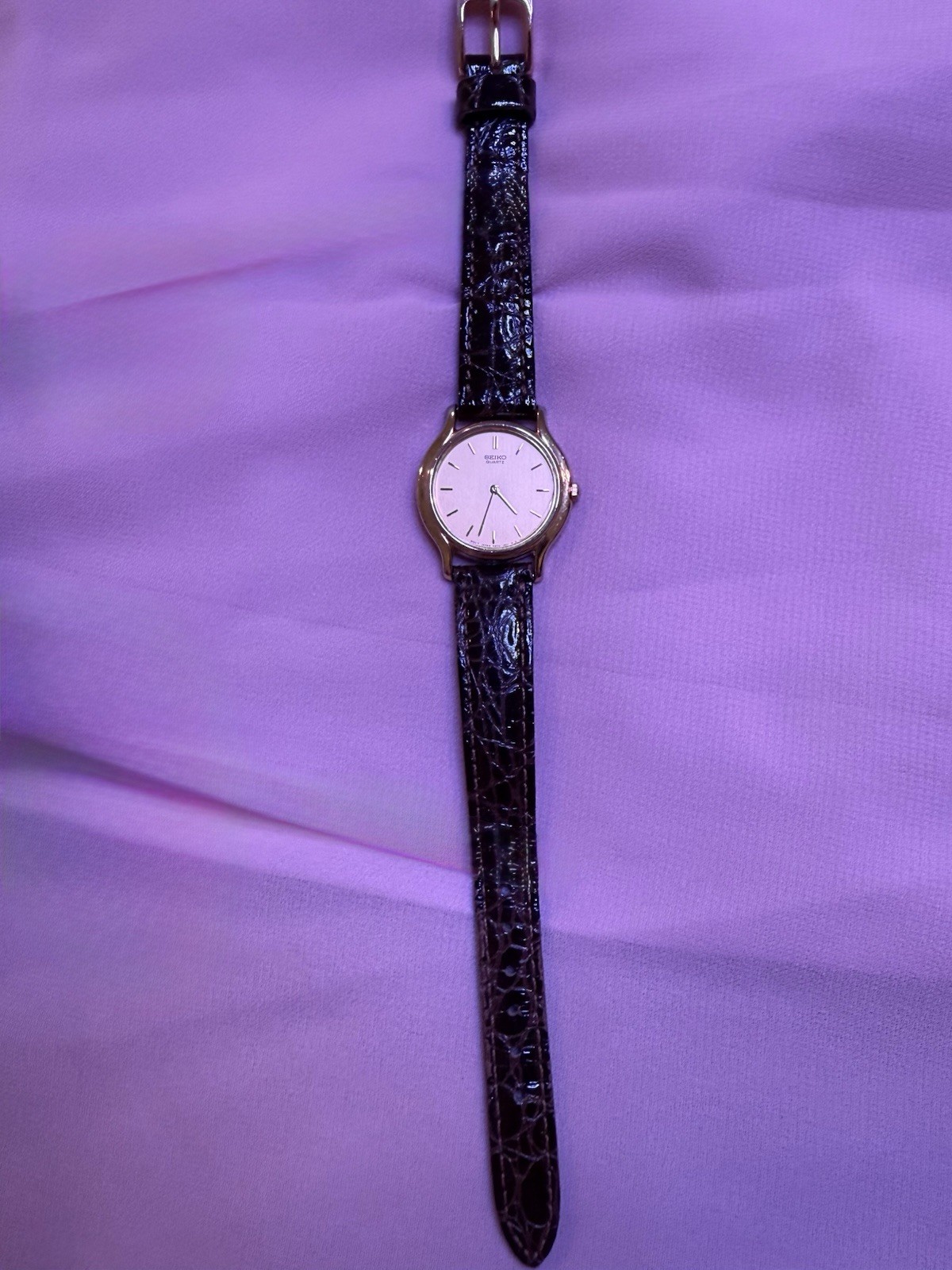 Vintage 1991 Seiko Quartz Dress Watch Gold Dial Brown Leather Strap -Working