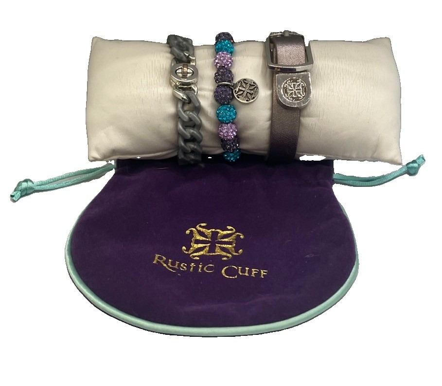 Rustic Cuff 3 Pc Bracelet Stack Gray Chain Purple Teal Crystal Leather RC Set