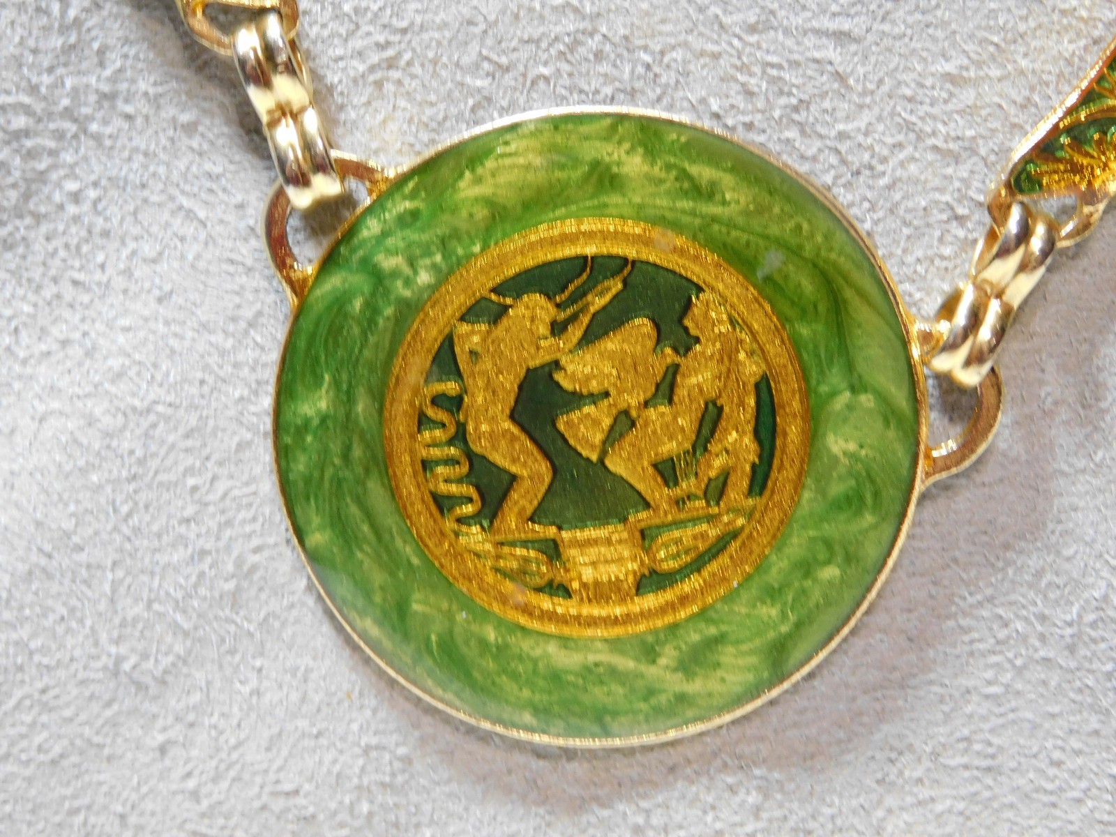 Nice, Metal and Enamel Greek Theme 16″ Pendant Necklace in Good Condition