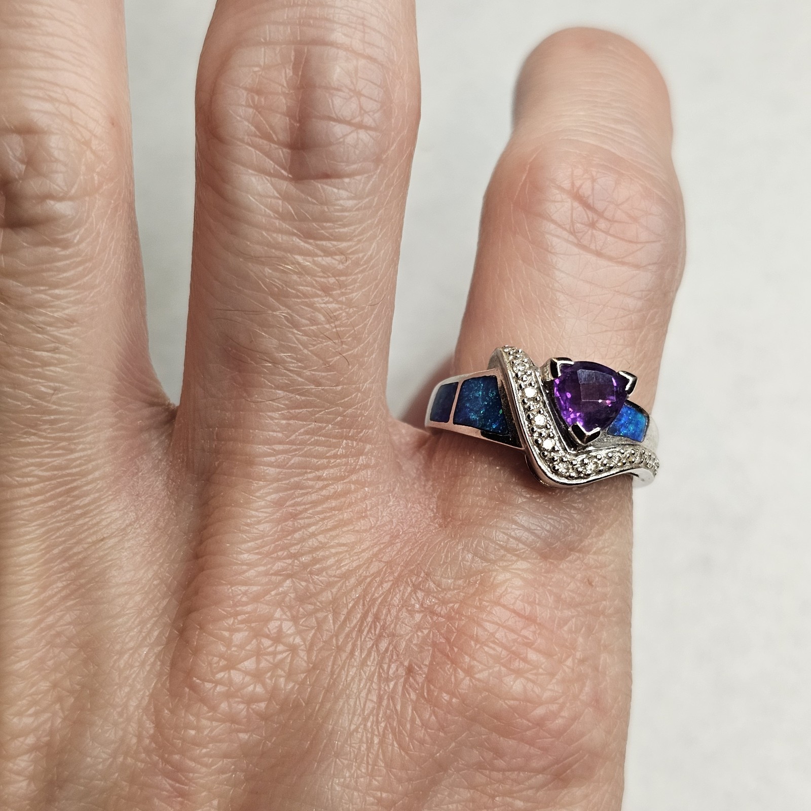 14K White Gold Amethyst Diamond Opal Inlay Ring Designer Style Estate Sz 6.25