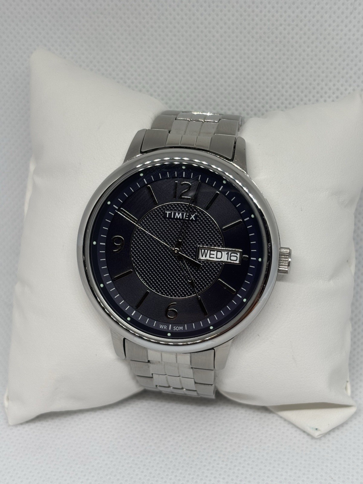 Timex Men’s Blue Dial Day Date Quartz Watch Stainless Steel WR50M Working