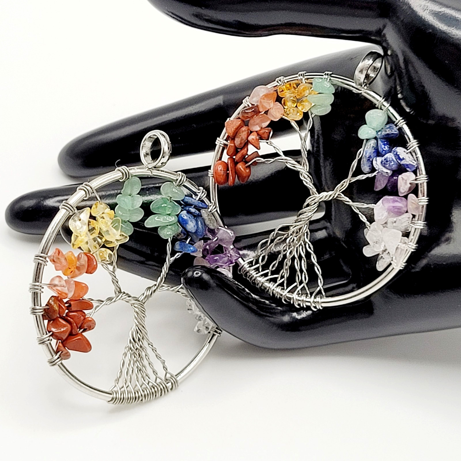 2 Tree of Life Silver Tone Twist Crystal Multi Stone Seven Chakras Round Pendant