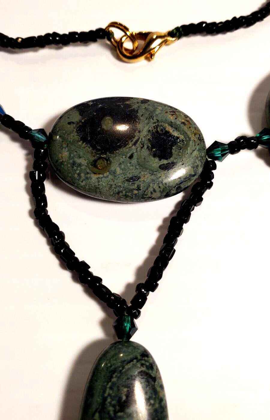 Black & Deep Green Natural Forest Jasper Stone 27″ Length Festoon Necklace OOAK