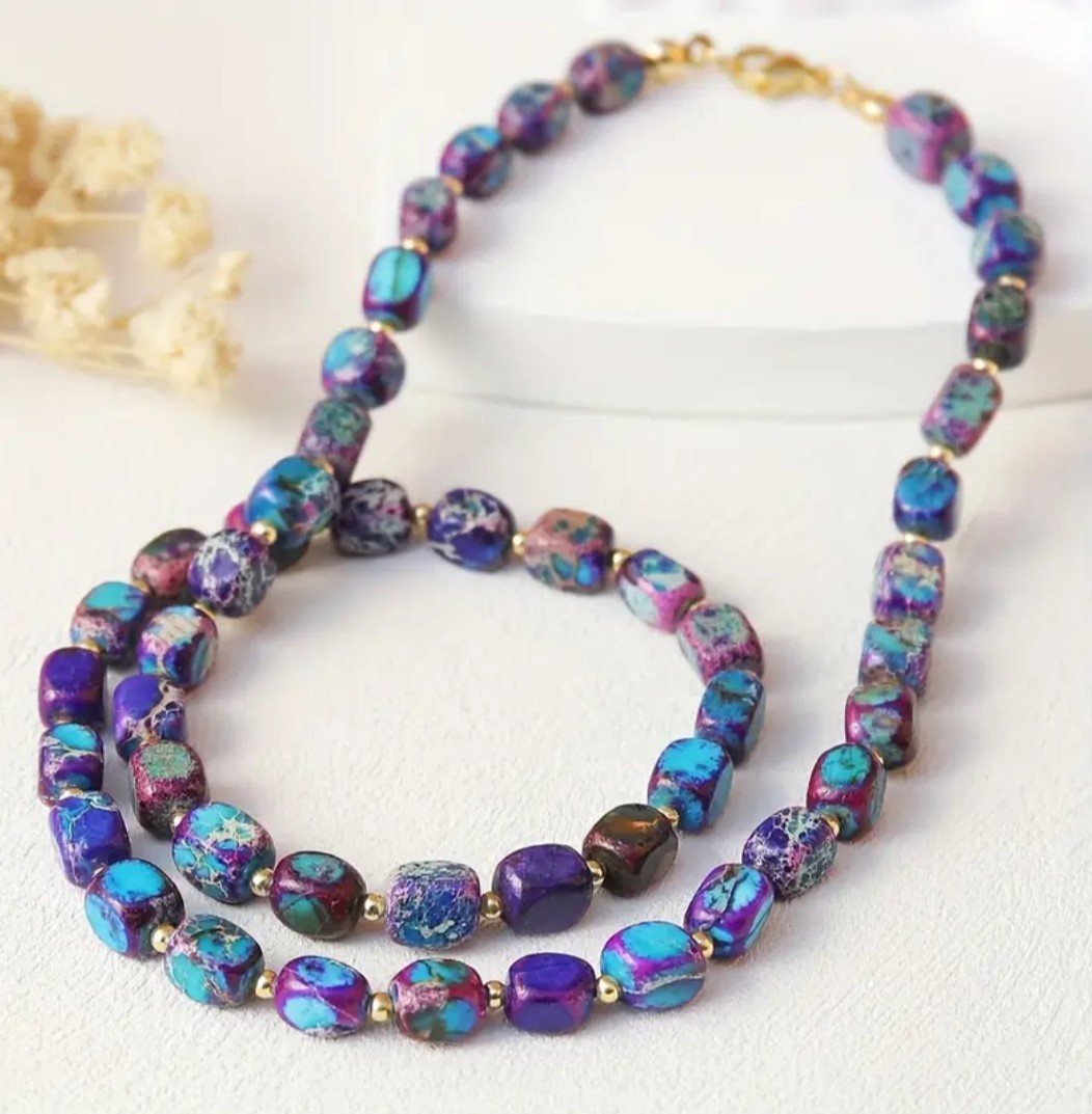 Handcrafted Boho Purple & Blue Sea Sediment Stone Beaded Necklace Gold Accents