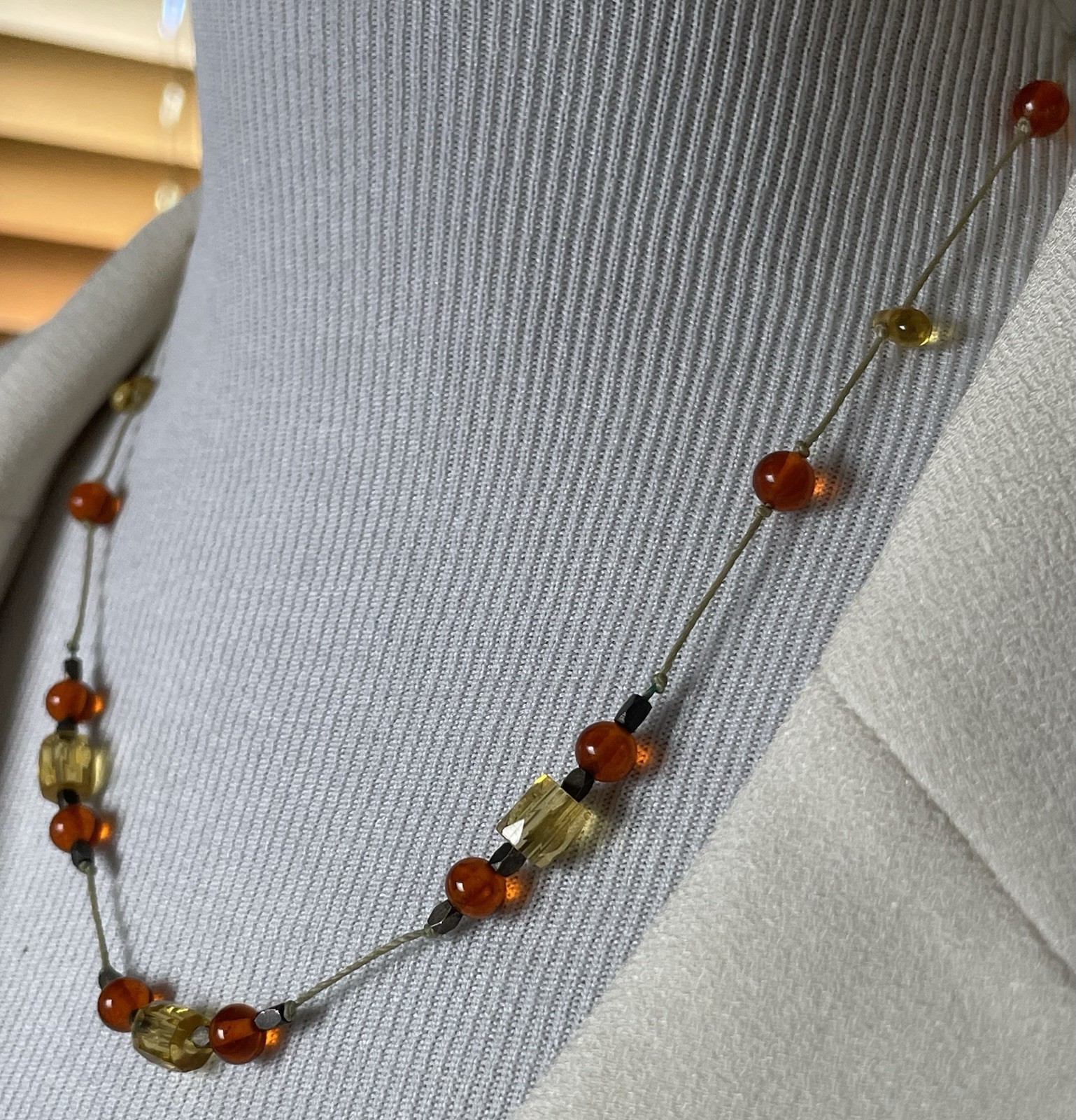 Vtg Amber Citrine Beaded Necklace 19” 925 Sterling Silver Clasp Nylon Cord 12.8g
