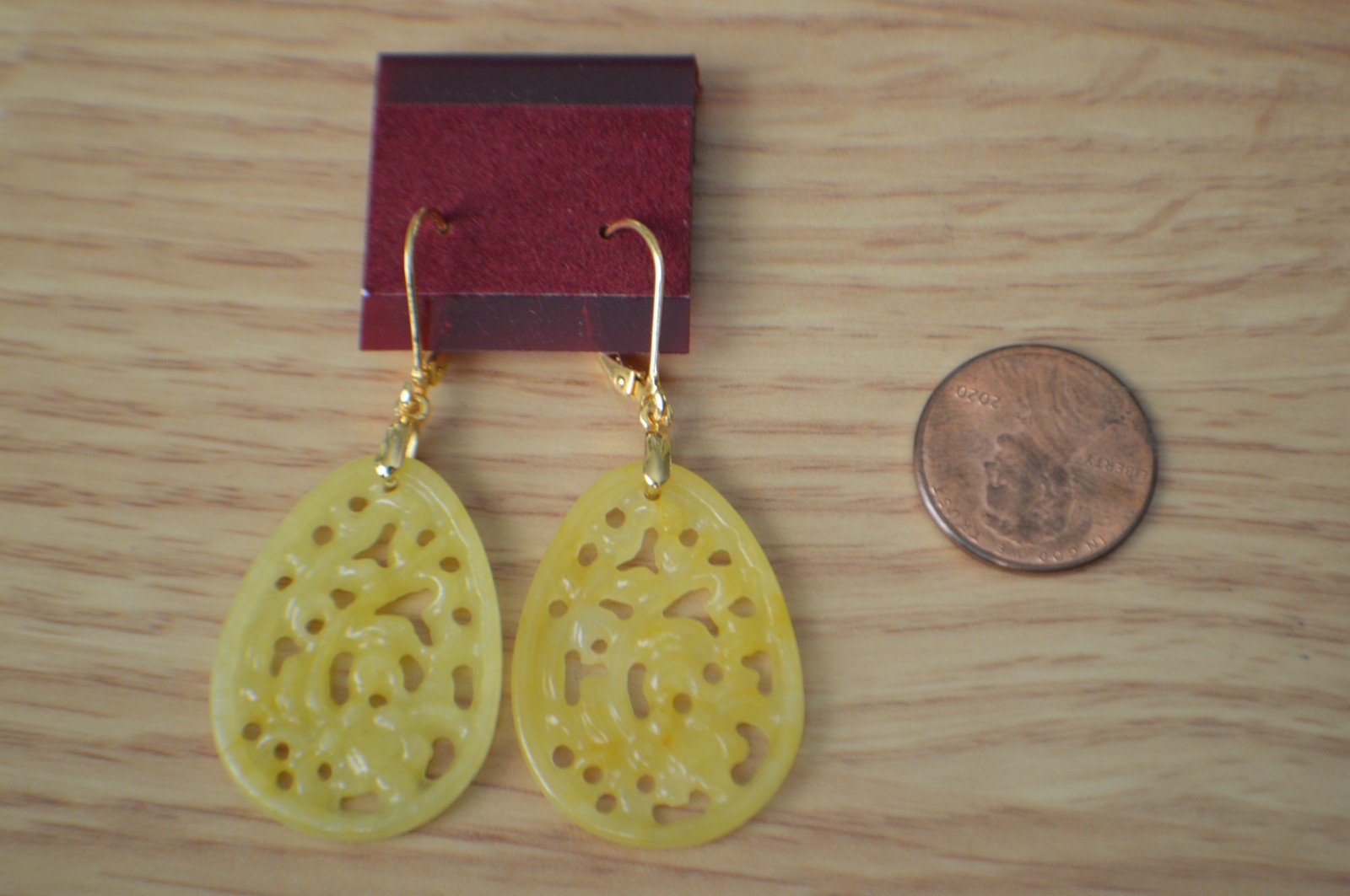 24.00ct Carved Yellow Jade Earrings 14k Rose Gold Plated over Sterling Silver