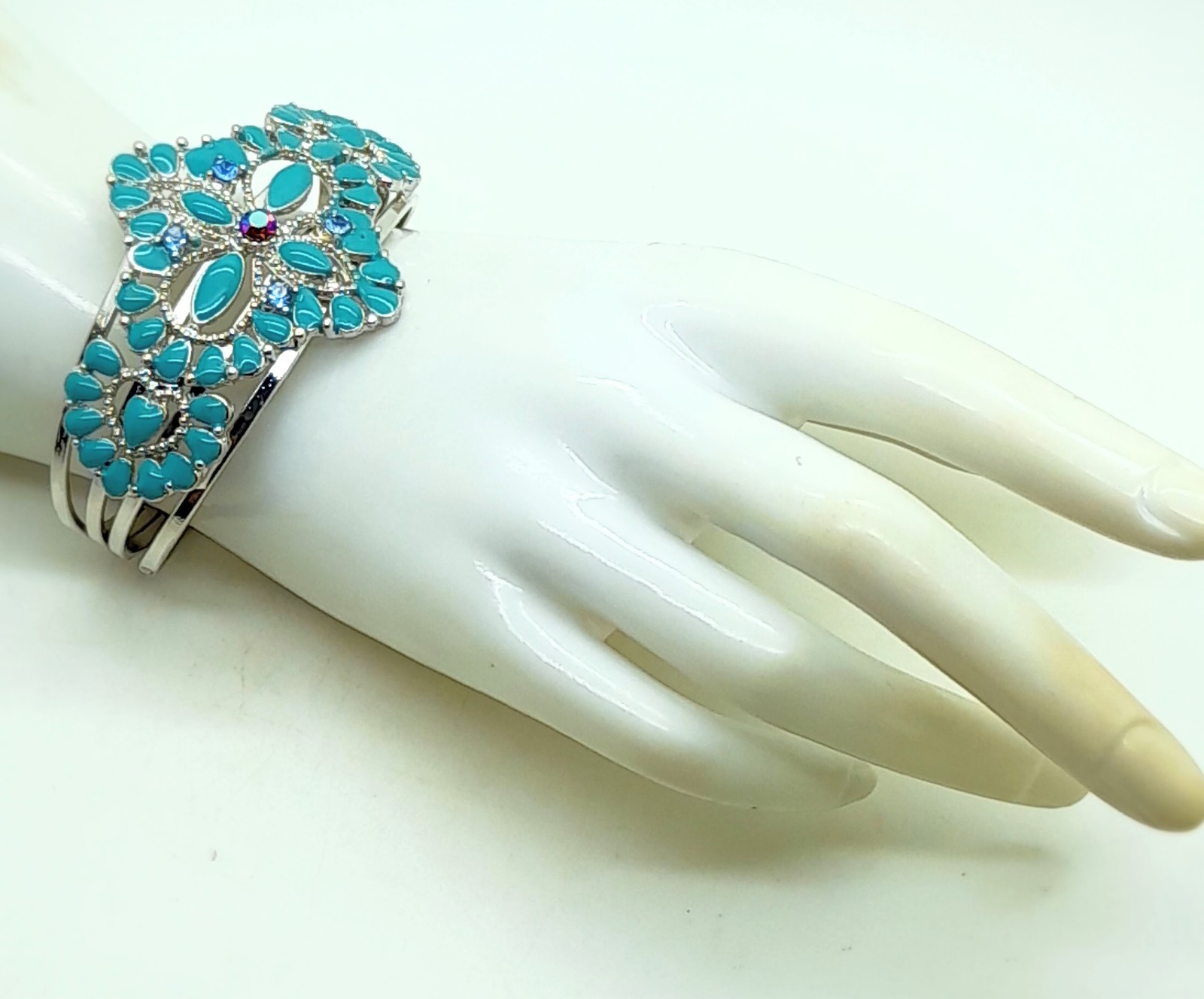 Modern style Silver Tone Metal 1.75″ Wide Cuff blue enamel fashion Bracelets