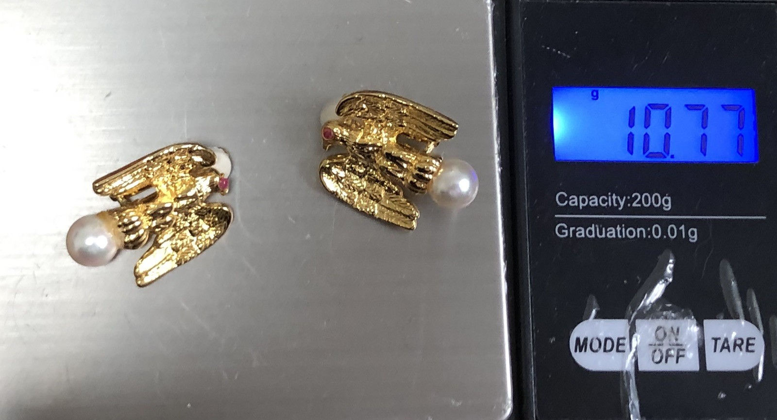 VTG ANN HAND Clip Eagle Earrings,W/ Red Eye&Faux Pearls Approx. 6 1/2–7mm