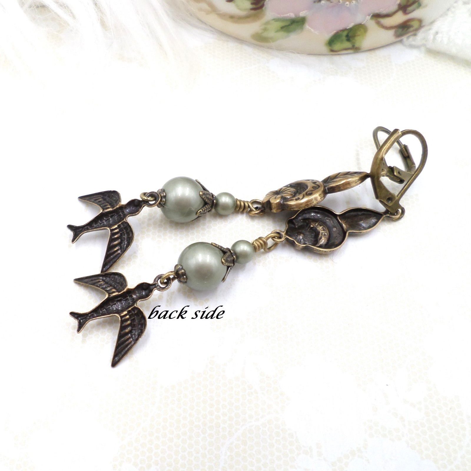 Brass Bird Earrings: Sage Green Pearl Floral Cottagecore Handmade Dangle Jewelry
