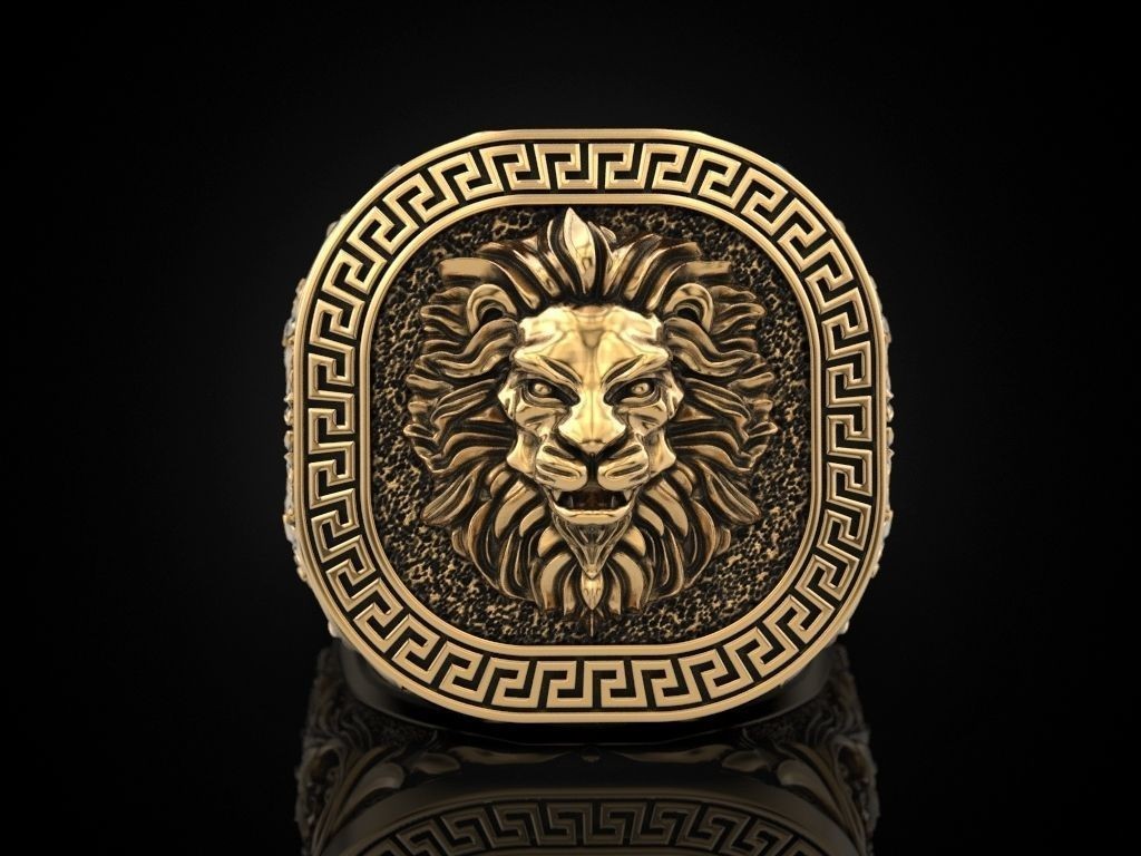 Oxidized Men’s Greek Ornament Pattern Lion 925 Sterling Silver Statement Rings