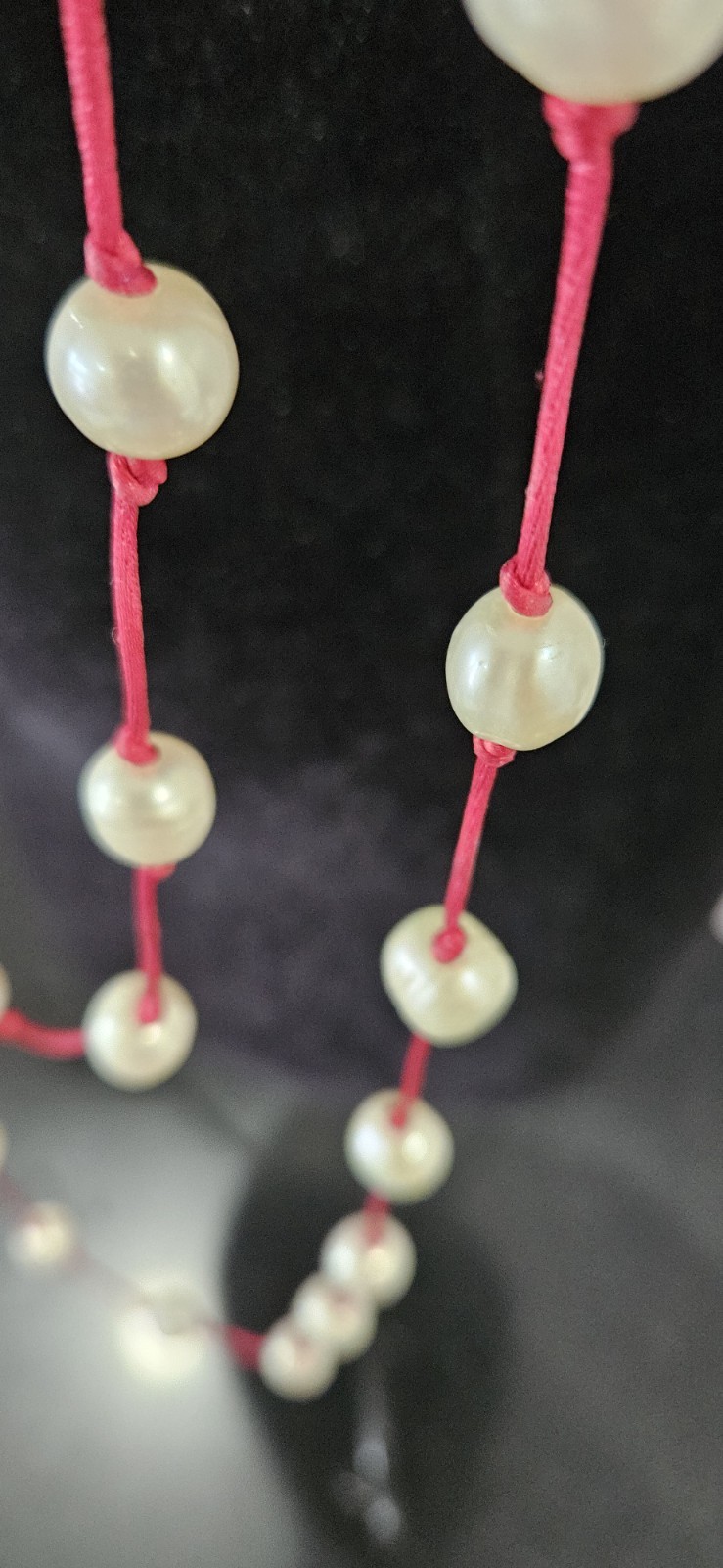 Freshwater Pearl Bead Station Necklace Red Cord Knotted Long Strand No Clasp