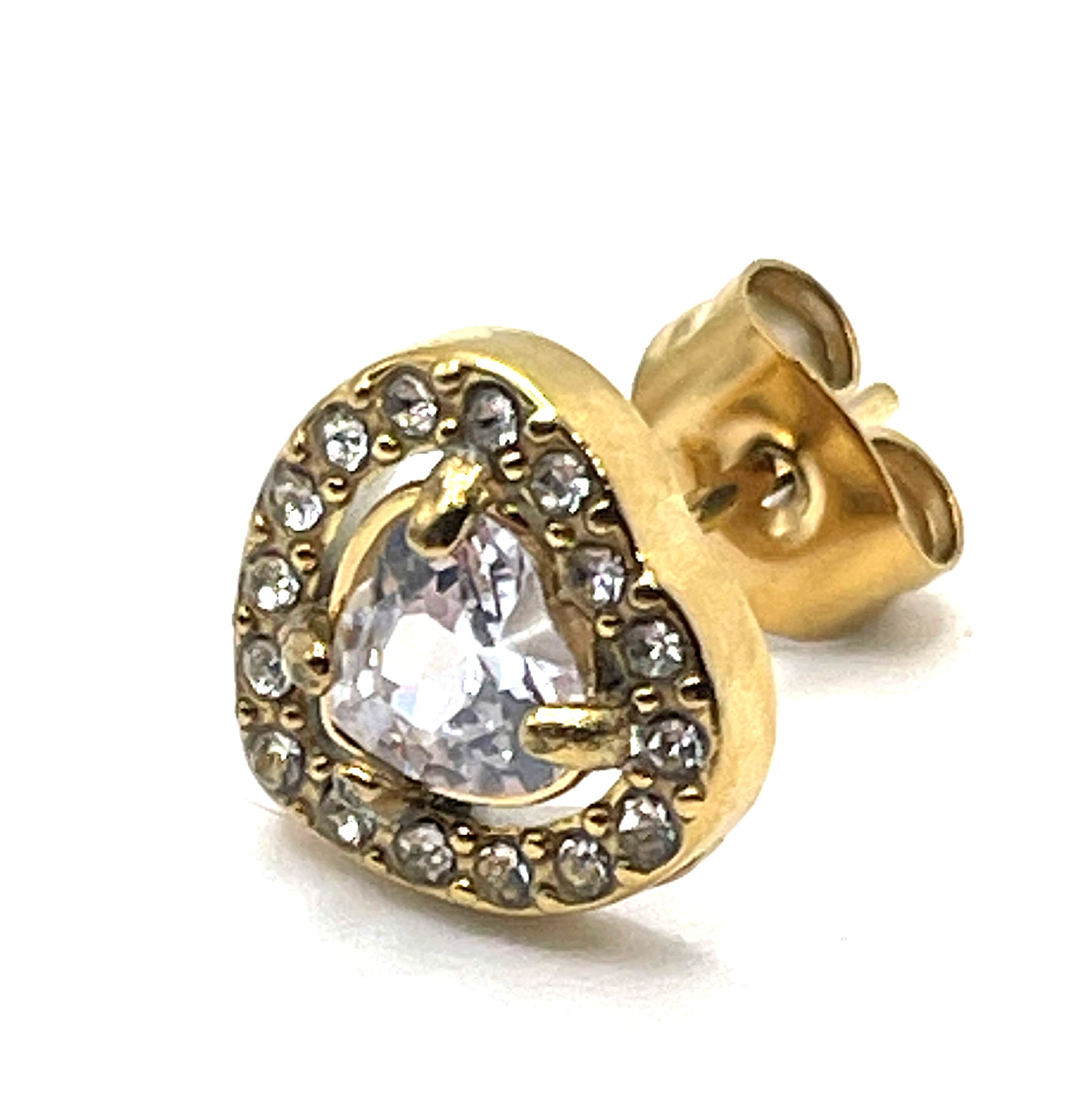 18K Gold Plated Heart Stud Earrings CZ Halo Stainless Steel PVD Coated