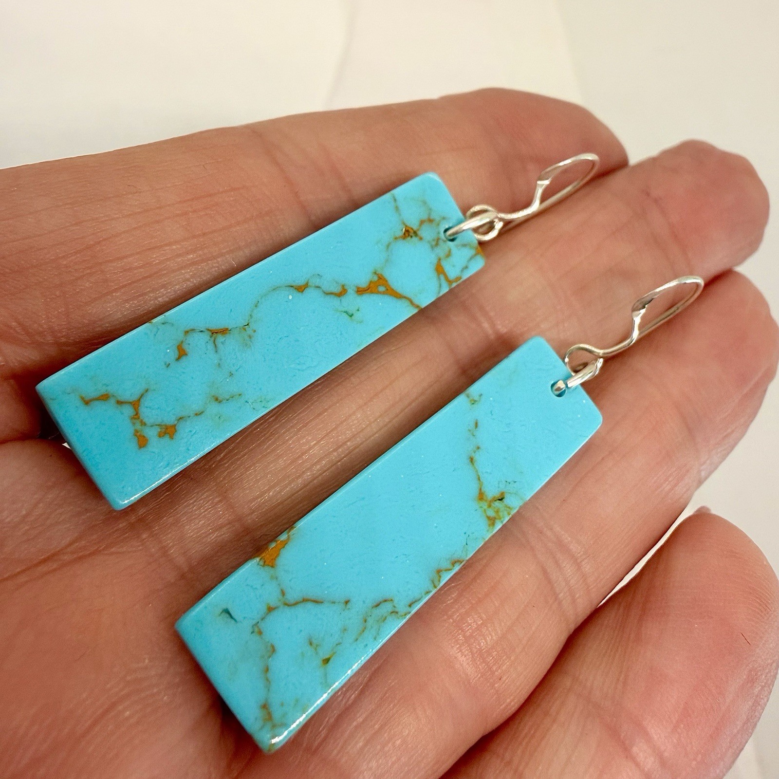 Navajo Turquoise Dangle Slab Earrings Sterling Silver 2.” Native American