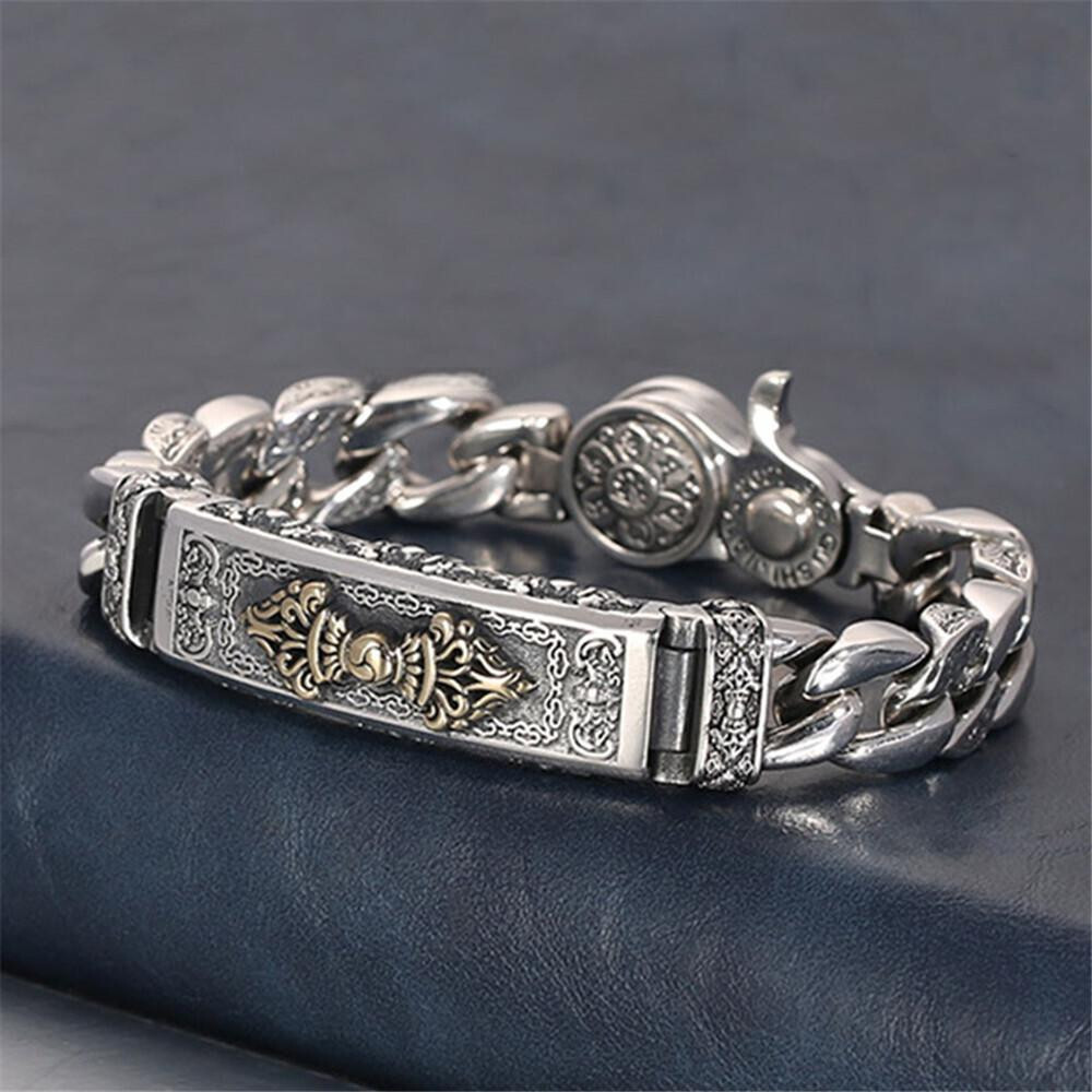 Solid 925 Sterling Silver Chain Vajra 11mm Six Words Curb Link Bracelet 7-8.7in