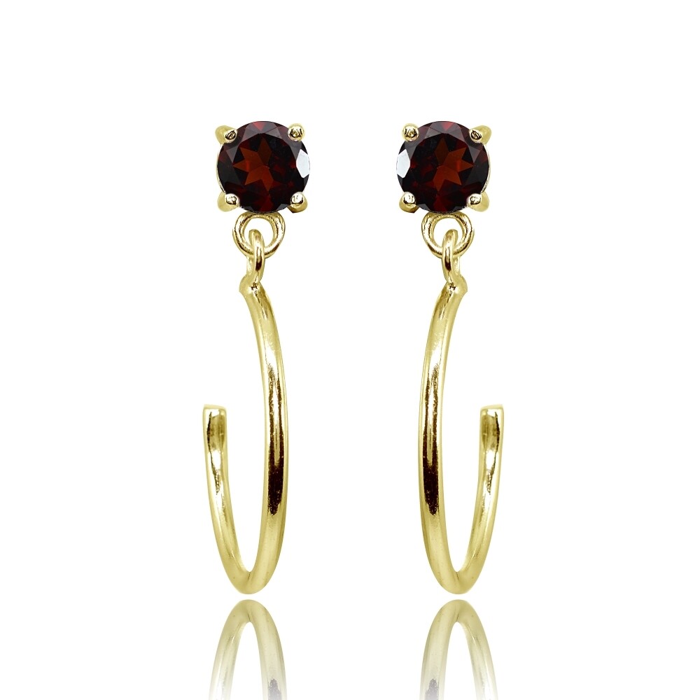 Yellow Gold Flashed Sterling Silver 4mm Garnet Dangling Half Hoop Stud Earrings