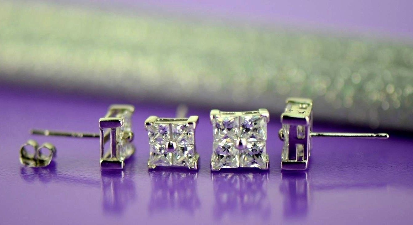 14K Yellow or White Gold Fancy Square CZ Stud Earrings