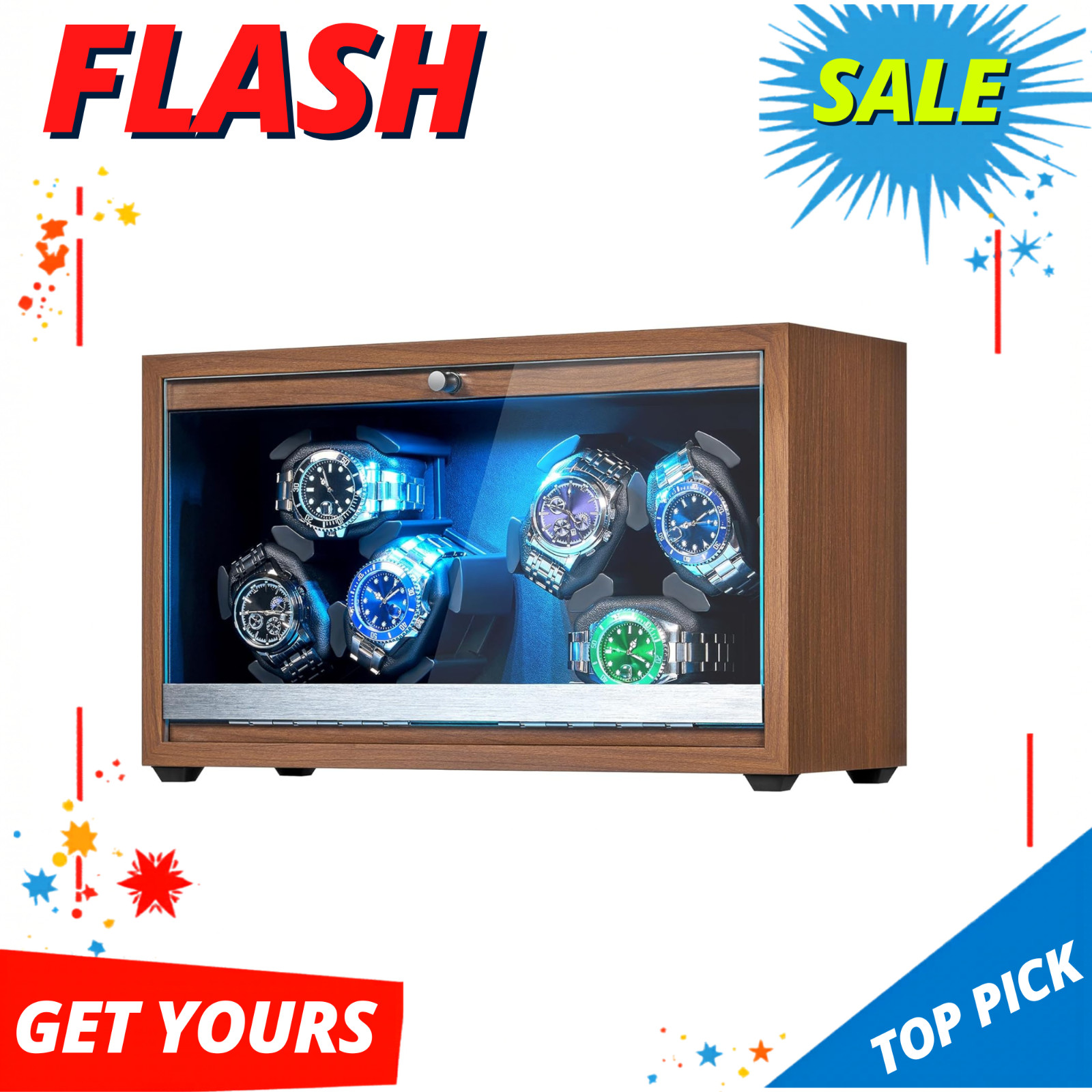 NEW Watch Winder 6 LED Super Quiet Motor 4 Rotating Modes Watch Box Plug