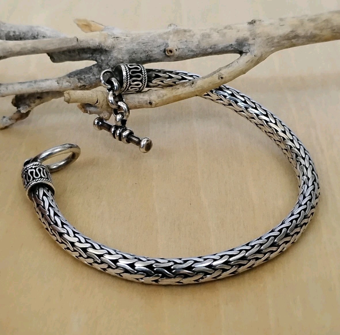 Sterling Silver 6mm Wheat Braided Link Toggle Bracelet 925 Oxidized 33.9g