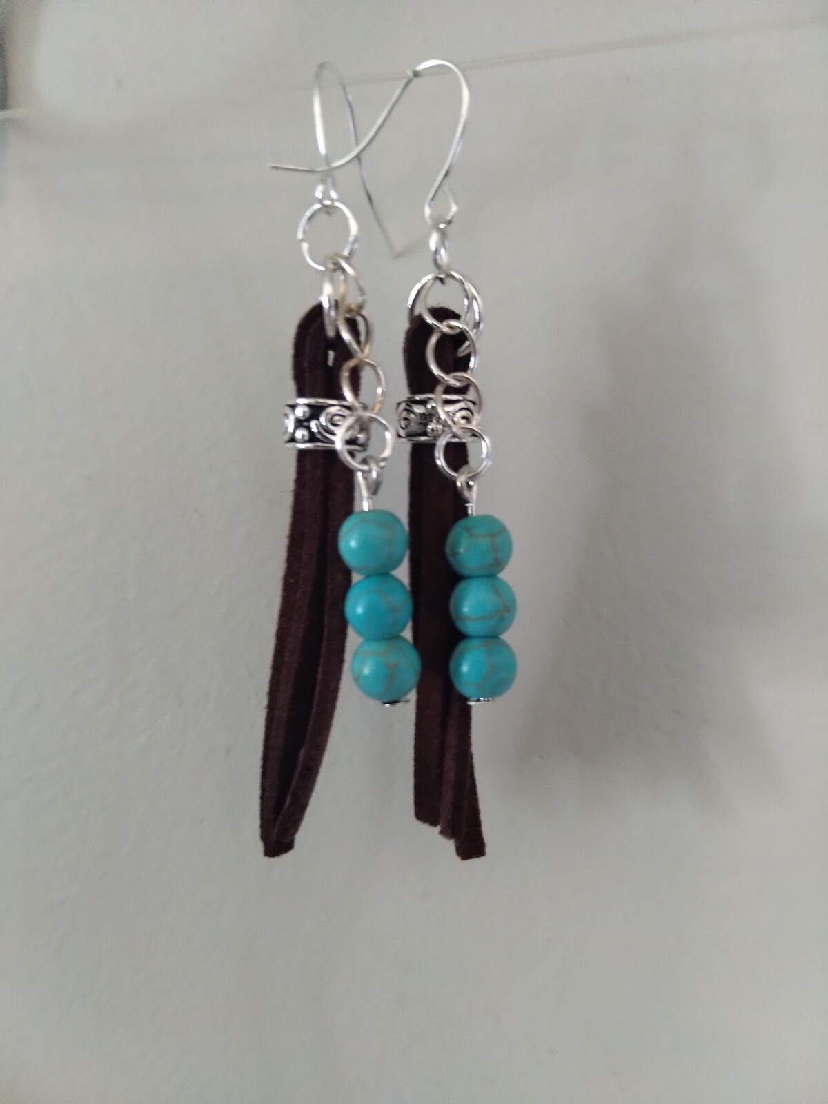 Suede Fringe Tassel Earrings Turquoise Blue Howlite Stone Bead Handmade Cowboy