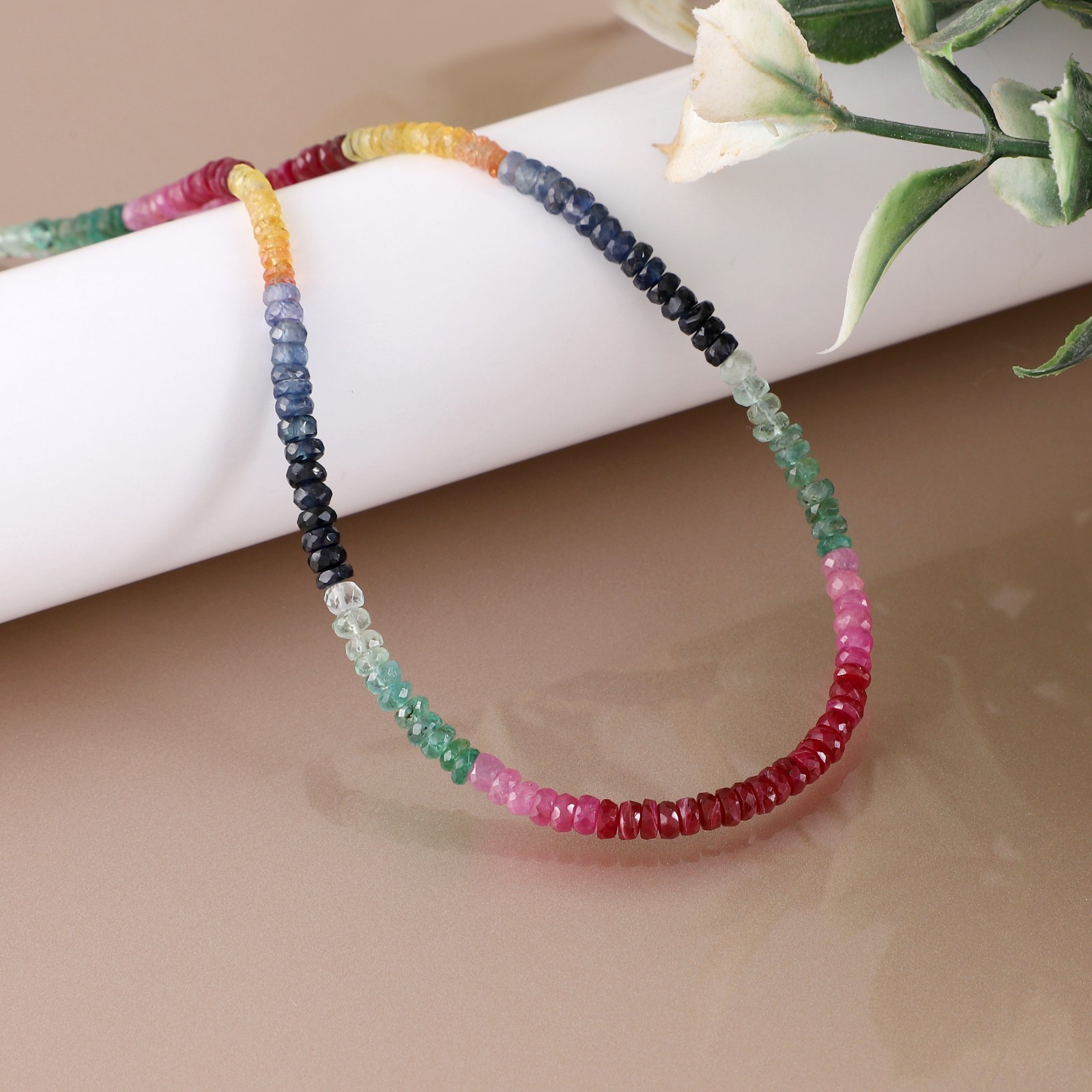 Natural Multi Sapphire Stone Beaded Necklace Faceted Roundel 925 Silver Necklace