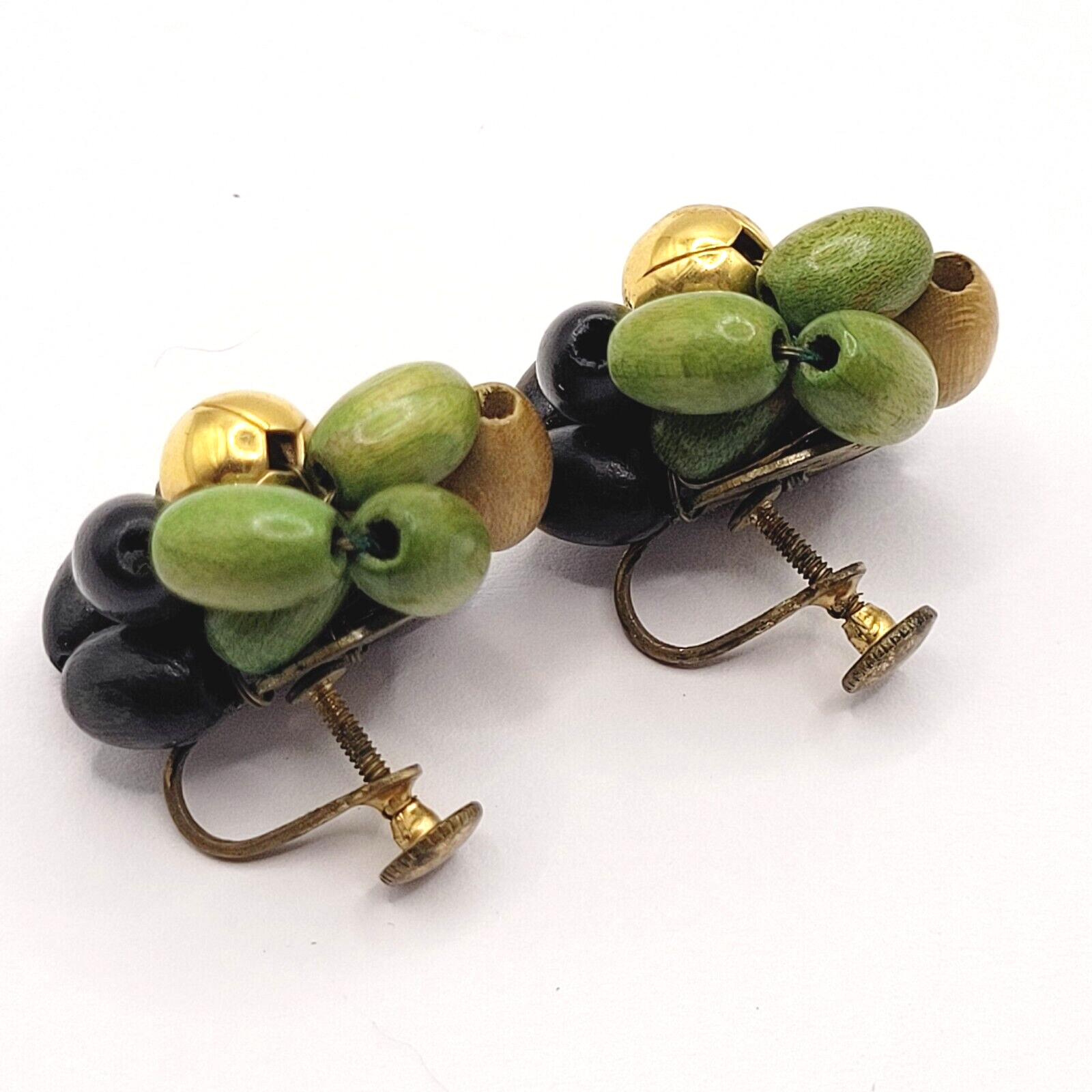 Hand Beaded Wood Bead Olive Black Tan Oval Cluster MCM 1950s Screw Back Earrings