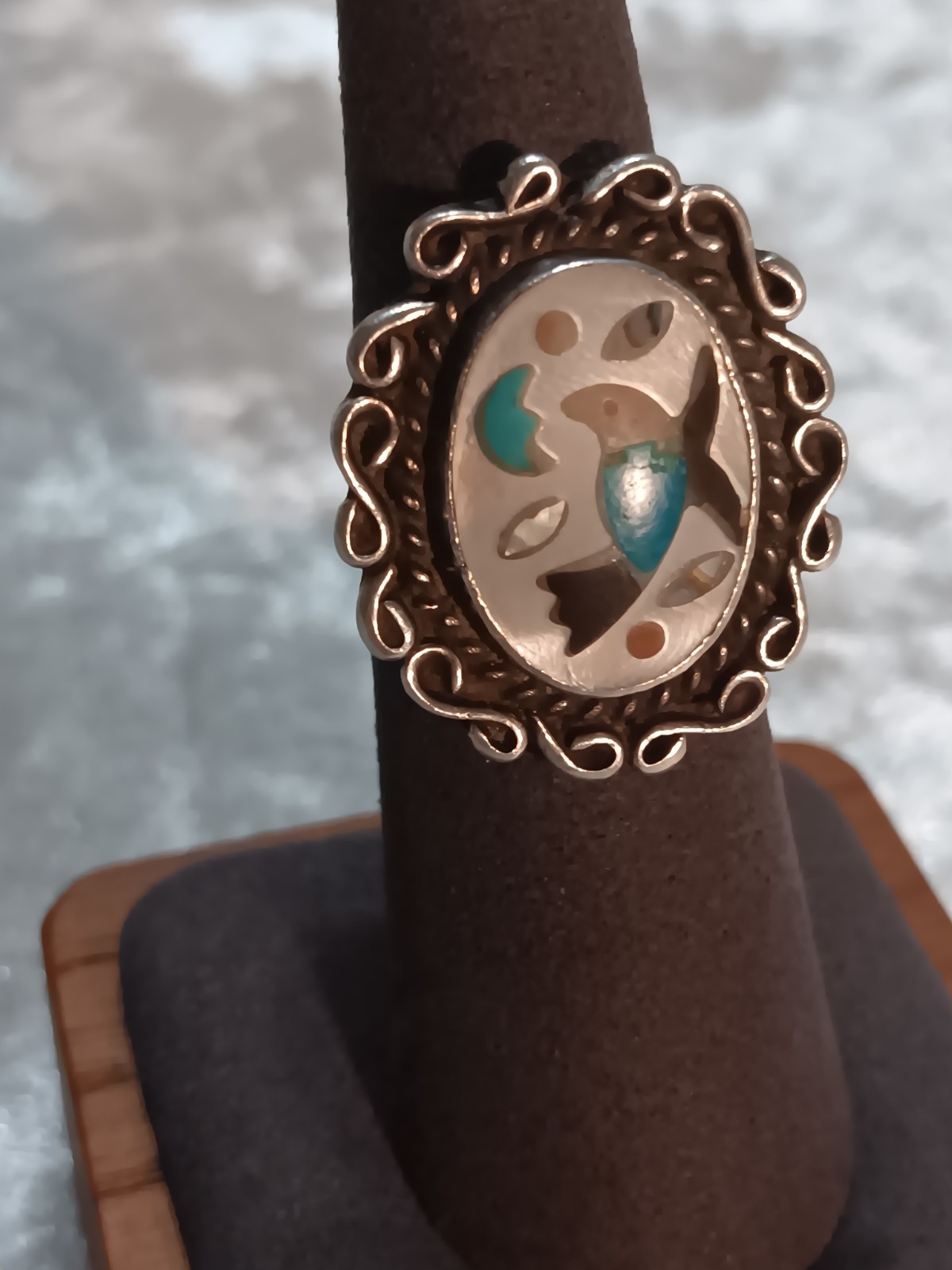 Vint. Zuni Sterling Blue Bird Inlay Mop, Coral, Turquoise, Onyx Ring Signed L