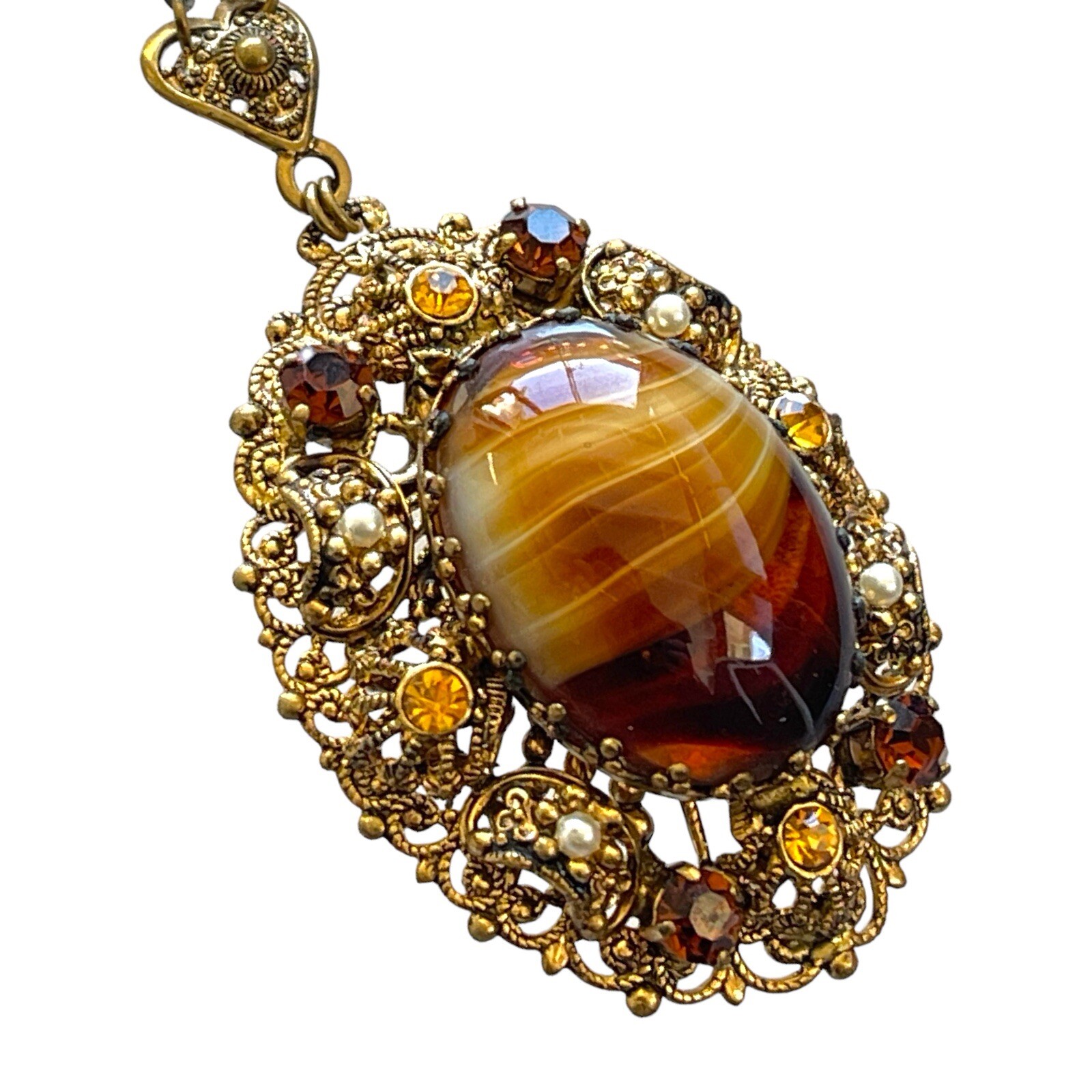 Vintage Western Germany Filigree Necklace Porphyry Glass Faux Pearls Gold Tone