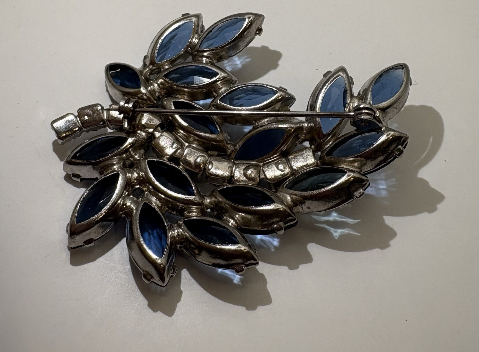 Vintage Blue Navette Rhinestone Brooch Silvertone Floral Spray Juliana Style