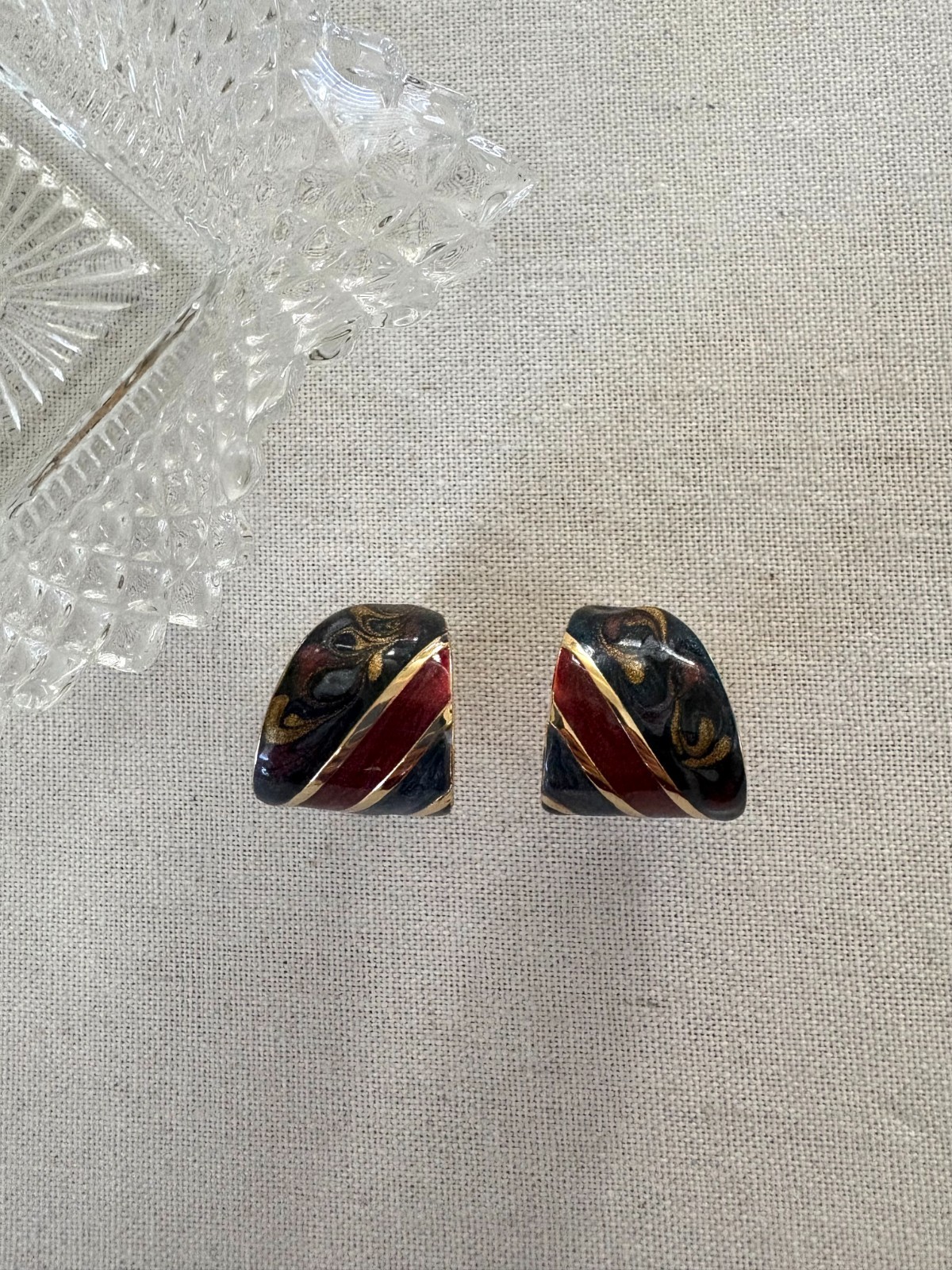 4pc Vintage Red White Blue Enamle Stripe Earring Set with Vintage Jewelry Tray