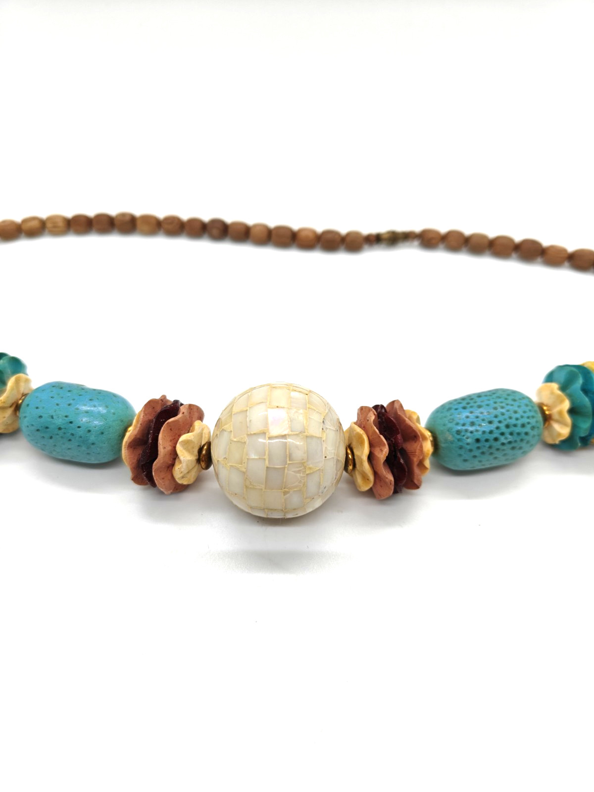 Wooden Boho Necklace Mother Of Pearl Bead Blue Yellow Pink Brown Colorful