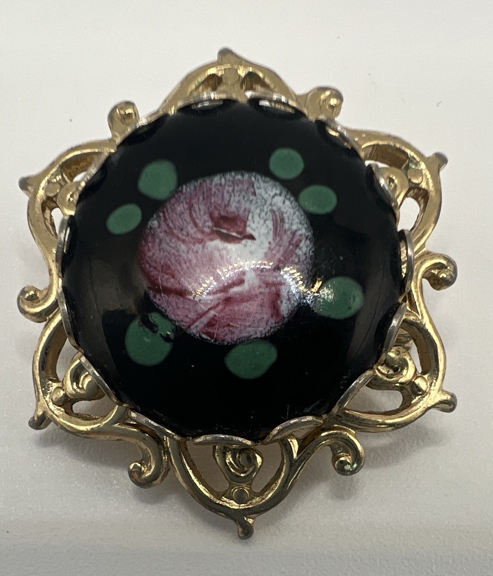 Pink Black Green Guilloche Enamel Painted Flower Gold Tone Metal Brooch Vintage