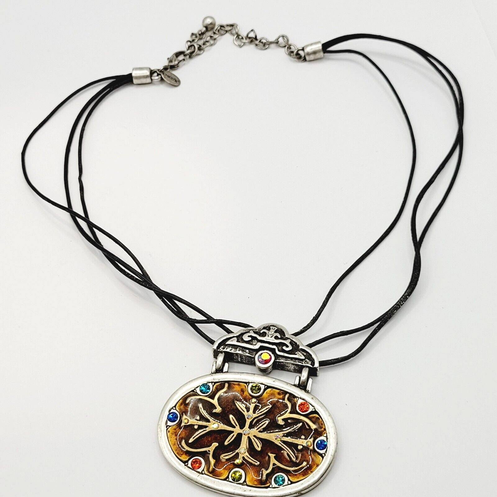 Chico’s Enamel and Rhinestone Pendant Necklace Triple Stand Cord Vintage Signed