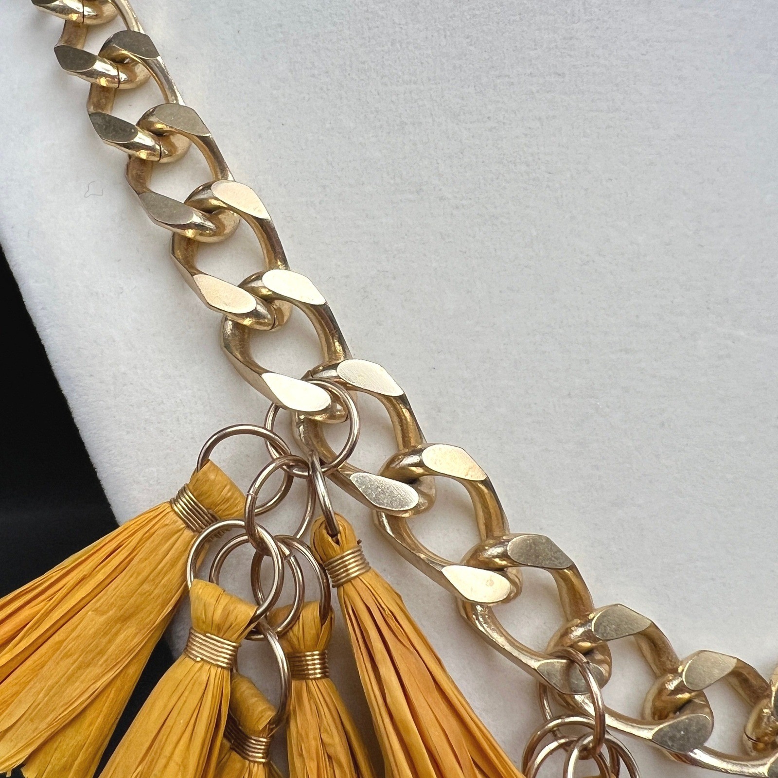 Akola Raffia Tassel Chunky Chain Necklace Uganda Gold Tone Mustard Yellow Boho