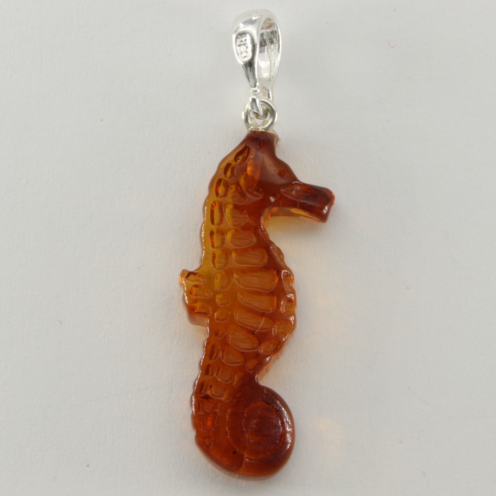 Cognac / Brown BALTIC AMBER Carved Sea Horse Pendant 925 STERLING SILVER #5711e