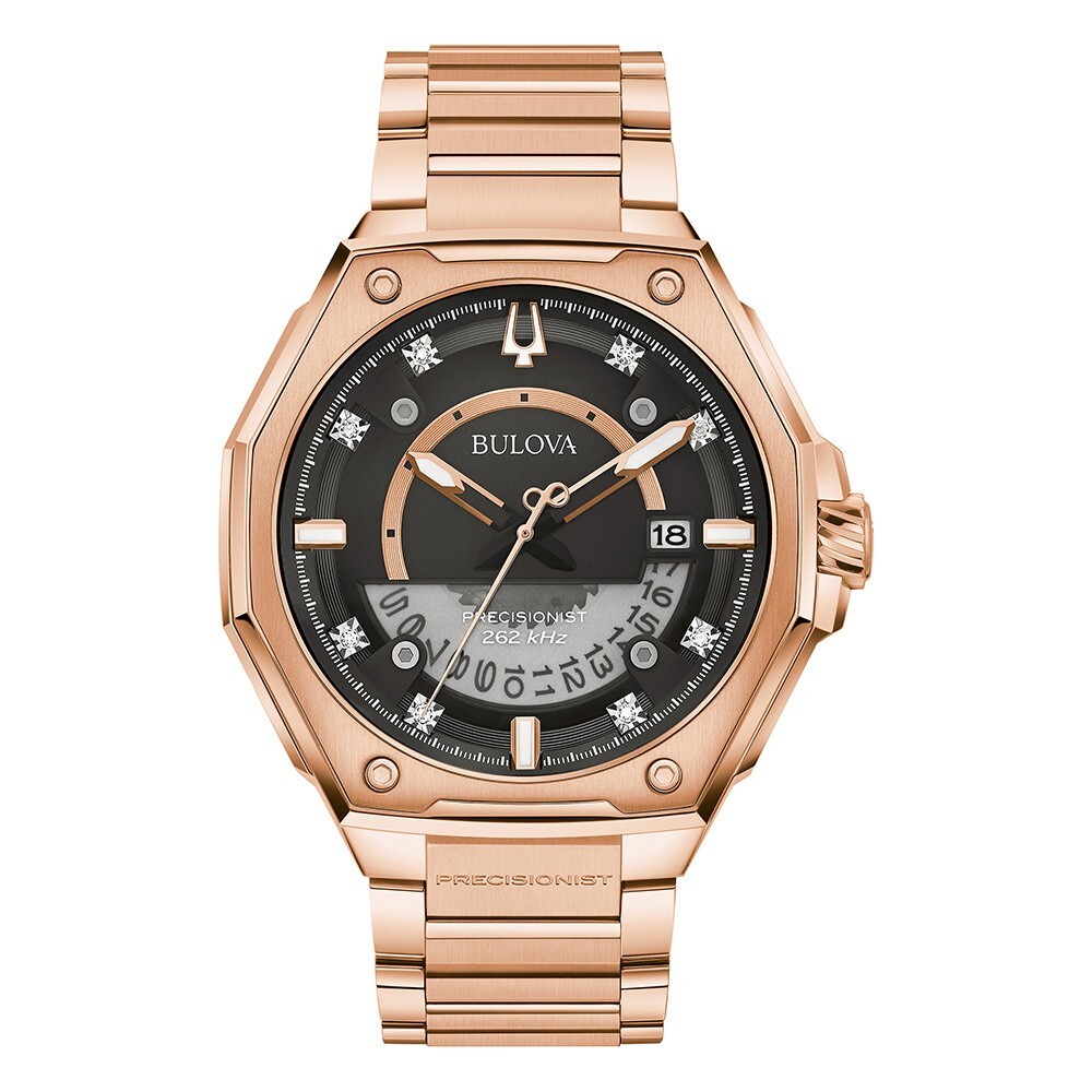 Bulova Men’s Quartz Rose Gold Date Indicator Precisionist Watch 45MM 97D129
