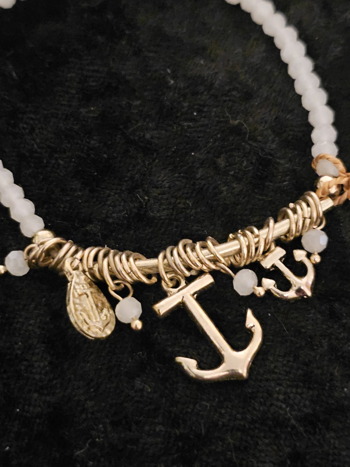 White Nautical Stretch Bracelet Anchors & White Faceted Beads