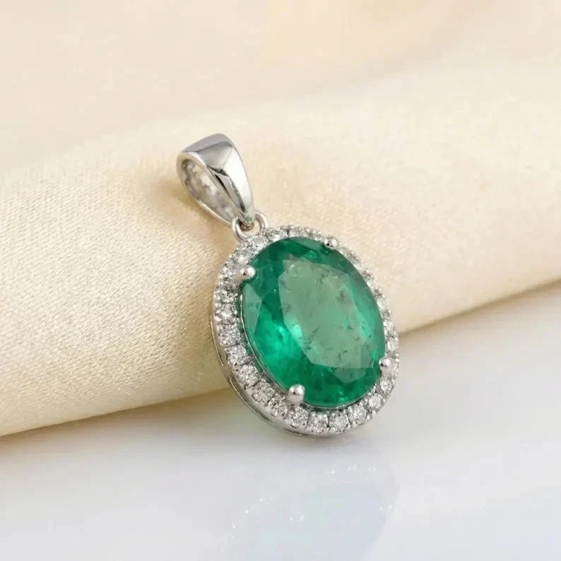 3.17 Ct Oval Cut Emerald Pendant Wedding Pendant 14k White Gold