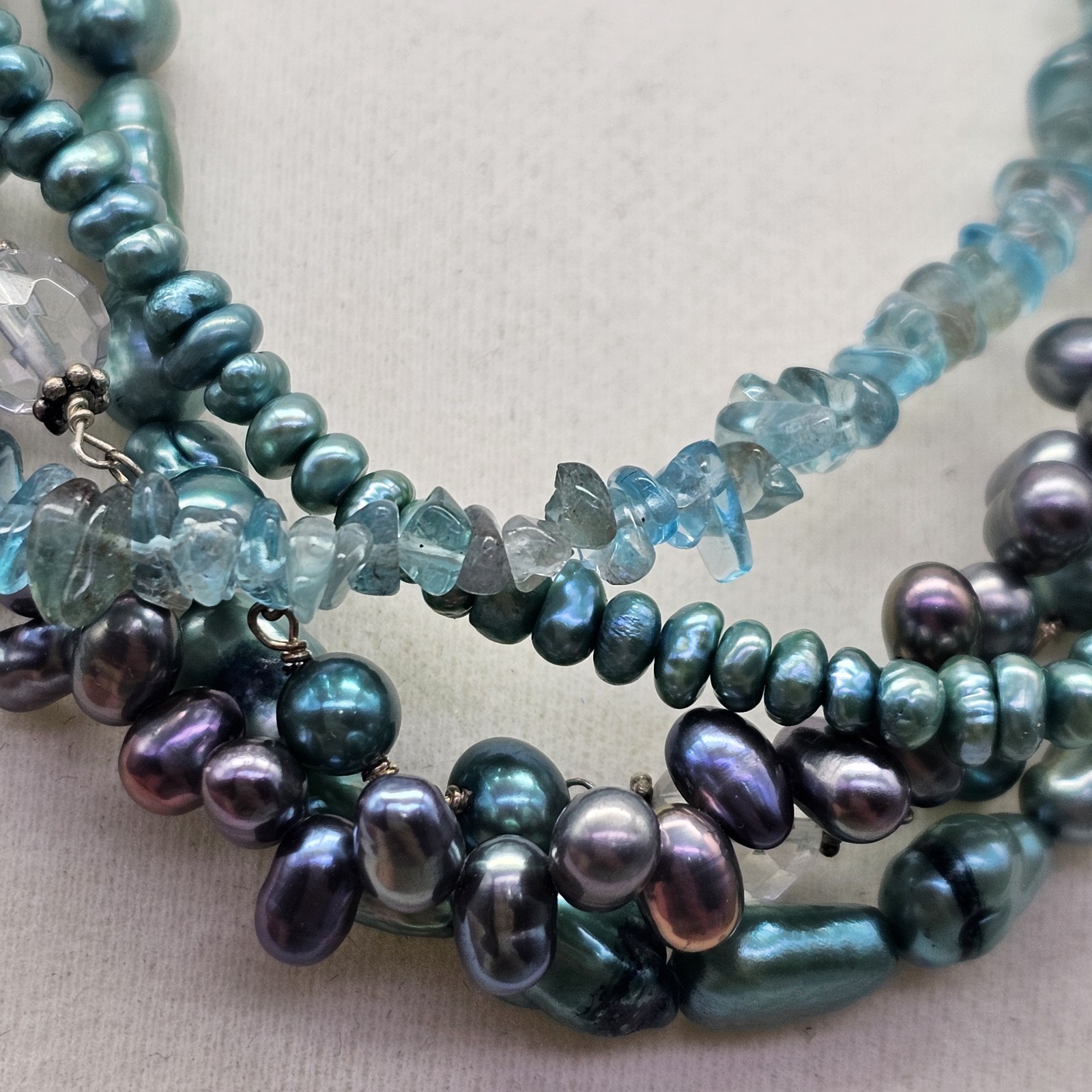 925 Sterling Multi Strand Pearl Apatite Quartz Beaded 17″+ Necklace Blues