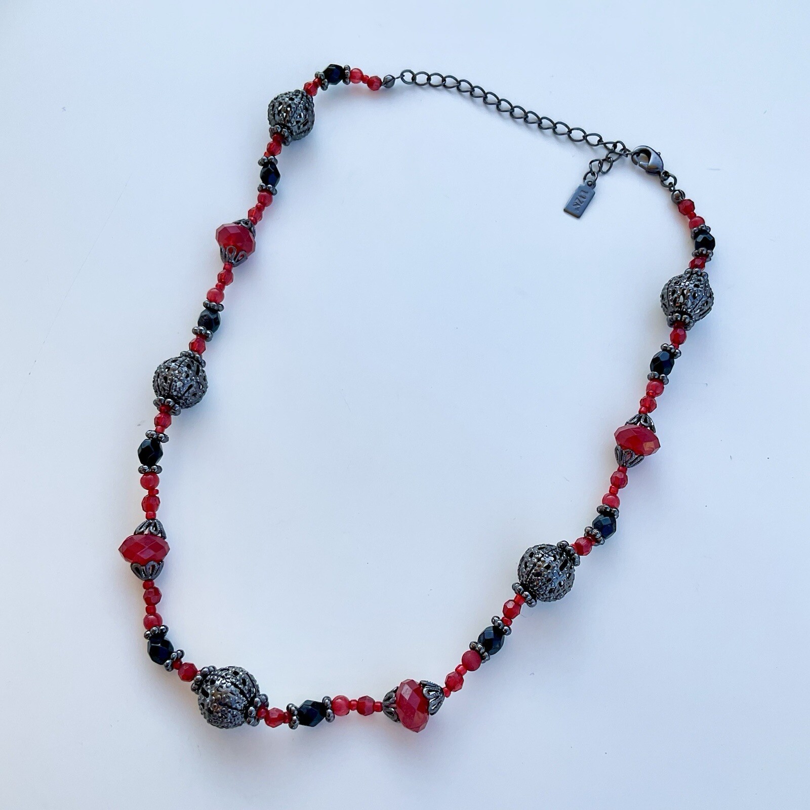 1928 Jewelry Red & Black Ornamental Beaded Necklace, 19” Adjustable