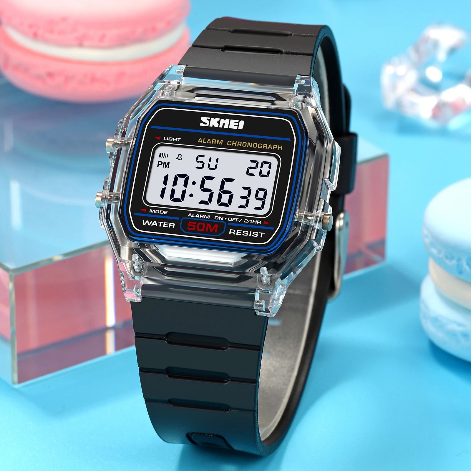 SKMEI Transparent TPU Strap Ladies Wristwatch Shockproof Back Light Display Stop
