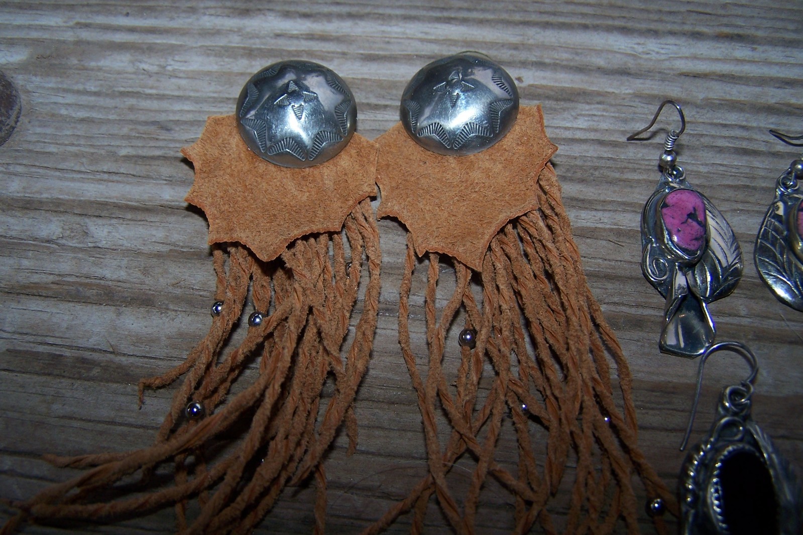 Southwestern Nickle Silver Stone Fetish Feather Squash Blossom Earrings Lot of 6
