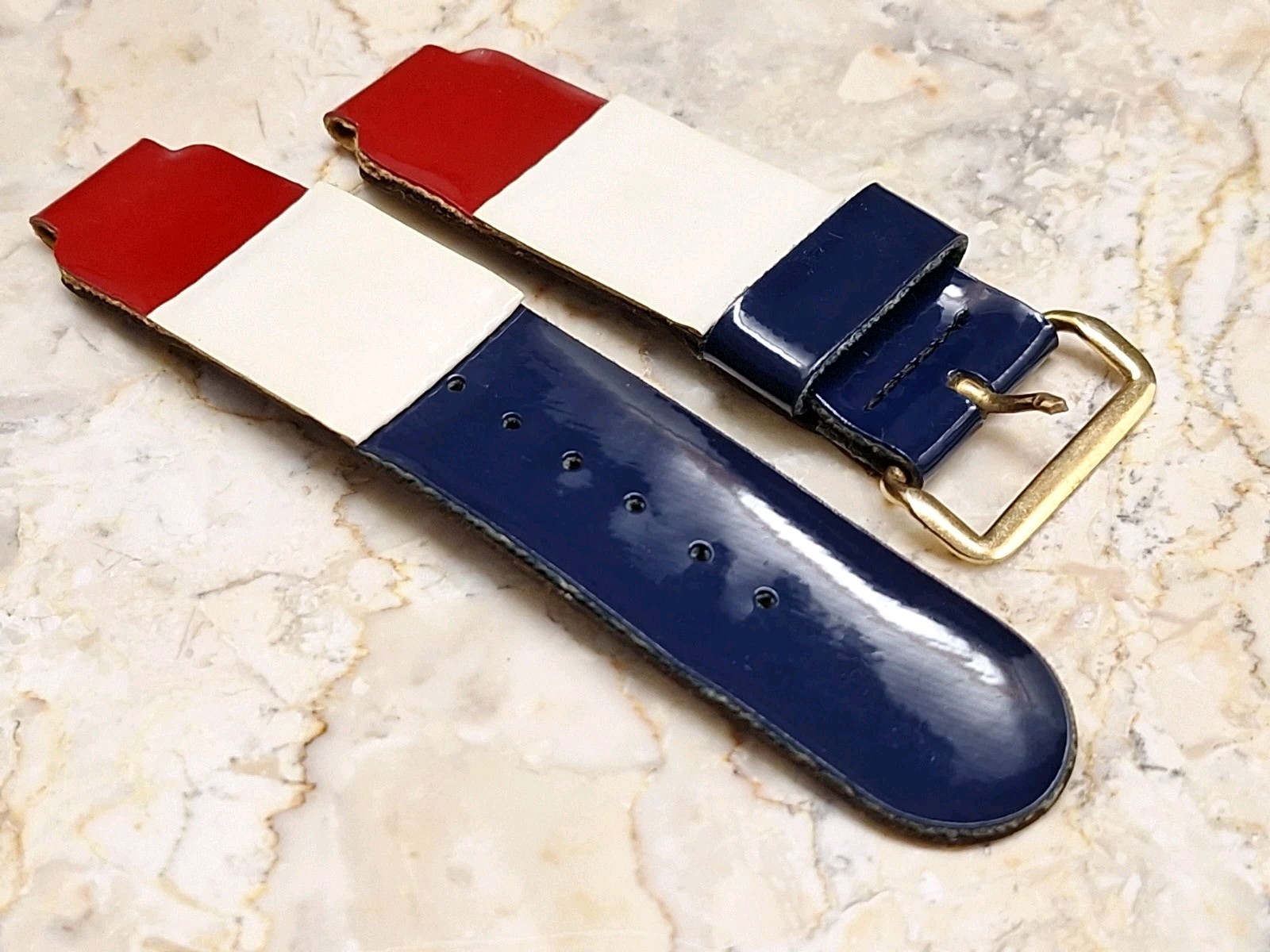 Vintage Tri-color Red White Blue Vinyl on Leather Watch Band Strap 12.3 mm