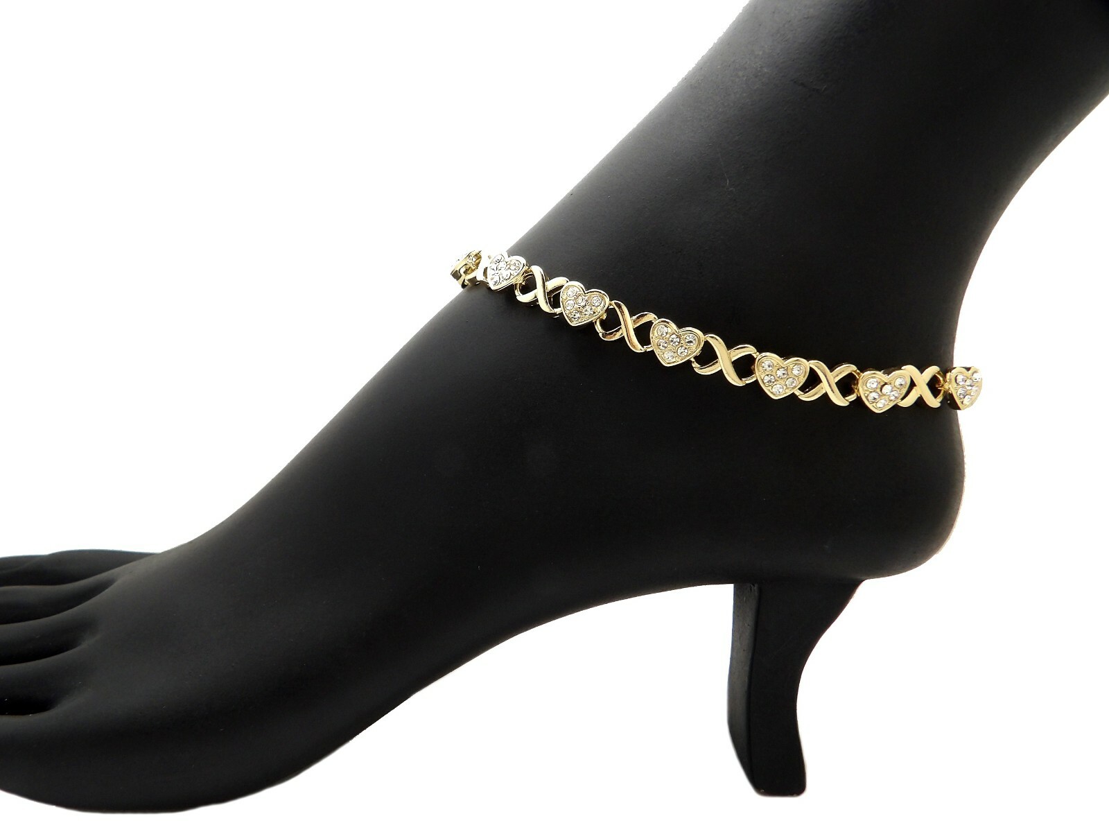 Women’s Stone Filled Heart XO Chain 7mm 10″,11″,12″ Anklet Ankle Bracelet RAK115