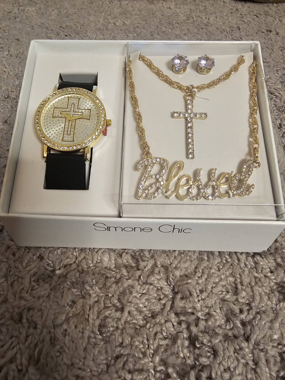 Brand new never been worn. Necklace says blessed, has a watch and earrings.