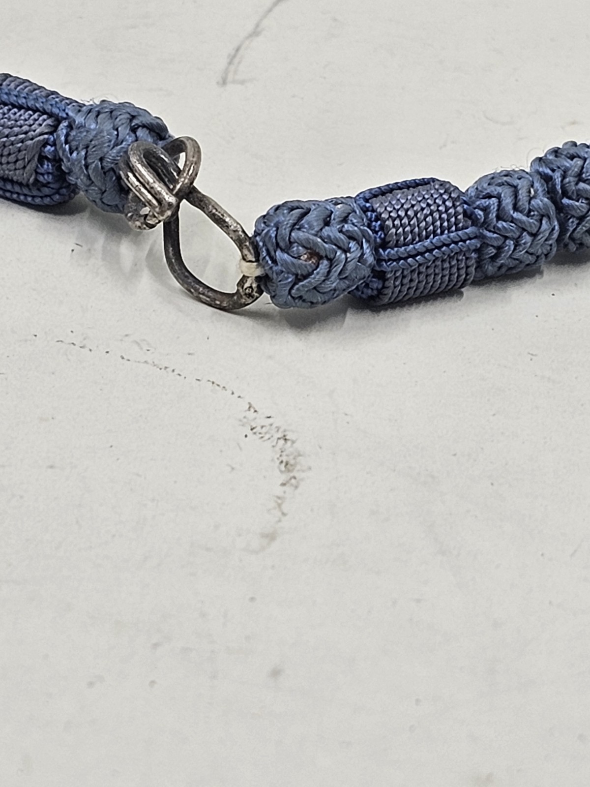 Vintage Blue Tan Woven Cord Knotted Bead Necklace 34in Boho Macrame Style