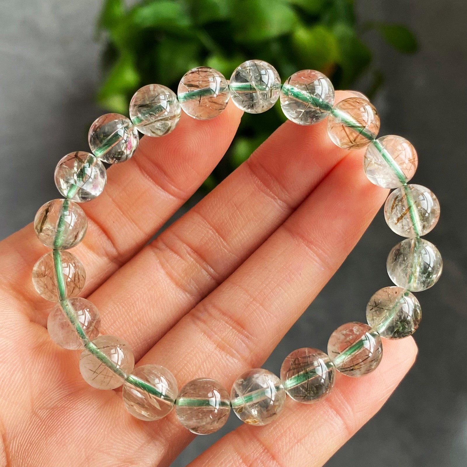 9.2mm Natural Green Tourmaline Rutilated Quartz Crystal Bracelet 3109