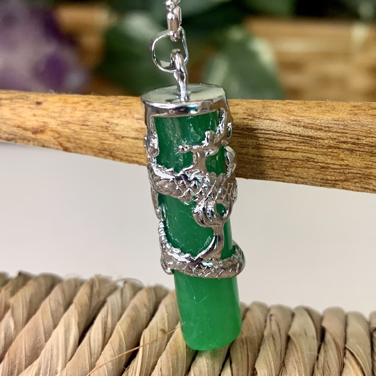 Dragon Coil Green Jade Pillar Men Women Column Pendant Chain Necklace 18KWGP 16″