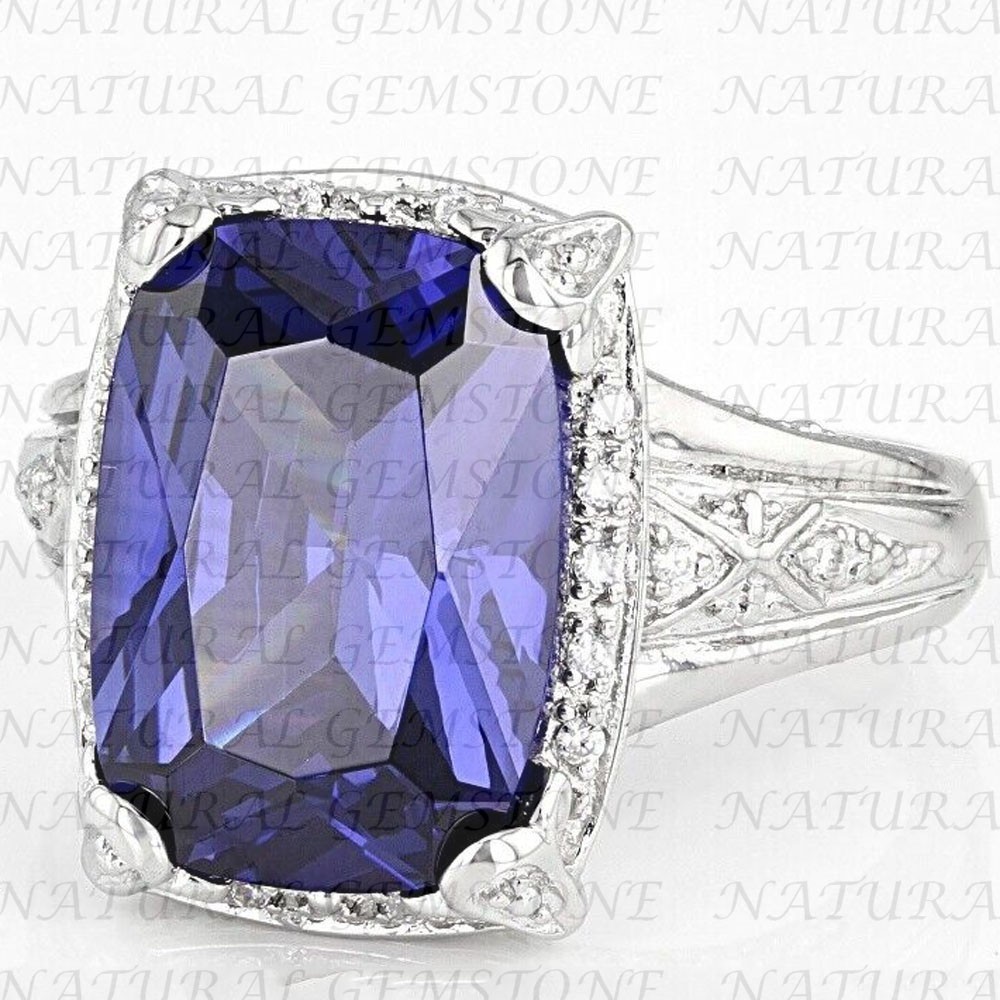 7.50Carat Cushion Shape Natural Tanzanite and Diamond Ring 18K White Gold Plated