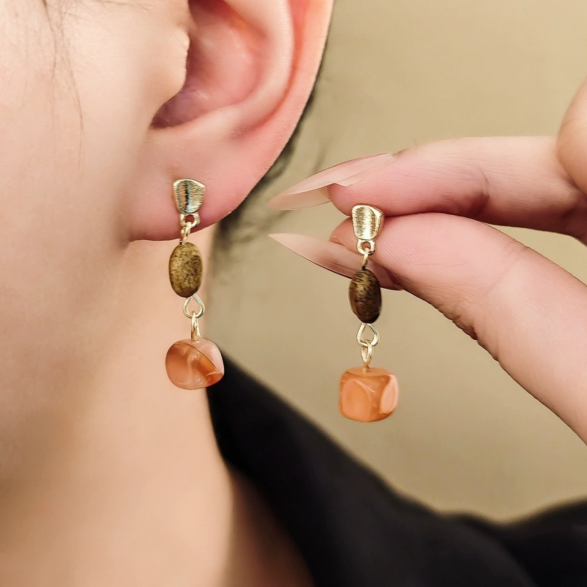 Boho Square Amber Brown Resin Tassels Gold Plated Dangle Drop Earrings
